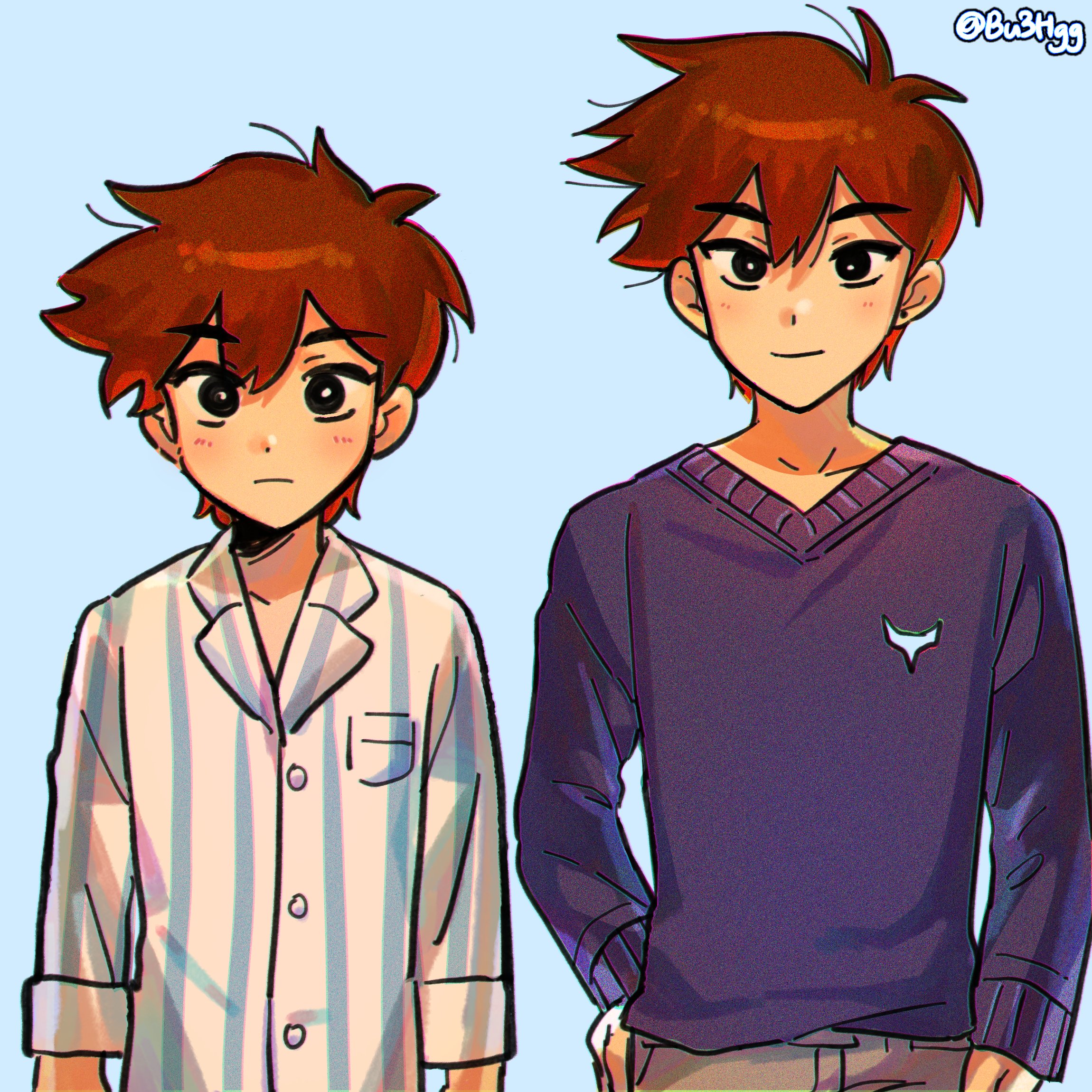 bu3hgg, hero (faraway) (omori), hero (omori), omori, highres, 1boy, artist name, black eyes, blue background, blush, breast pocket, bright pupils, brown hair, closed mouth, collarbone, dark-skinned male, dark skin, long sleeves, looking at viewer, male focus, pajamas, pocket, simple background, smile, solo, striped clothes, striped pajamas, twitter username, vertical-striped clothes, vertical-striped pajamas, white pupils