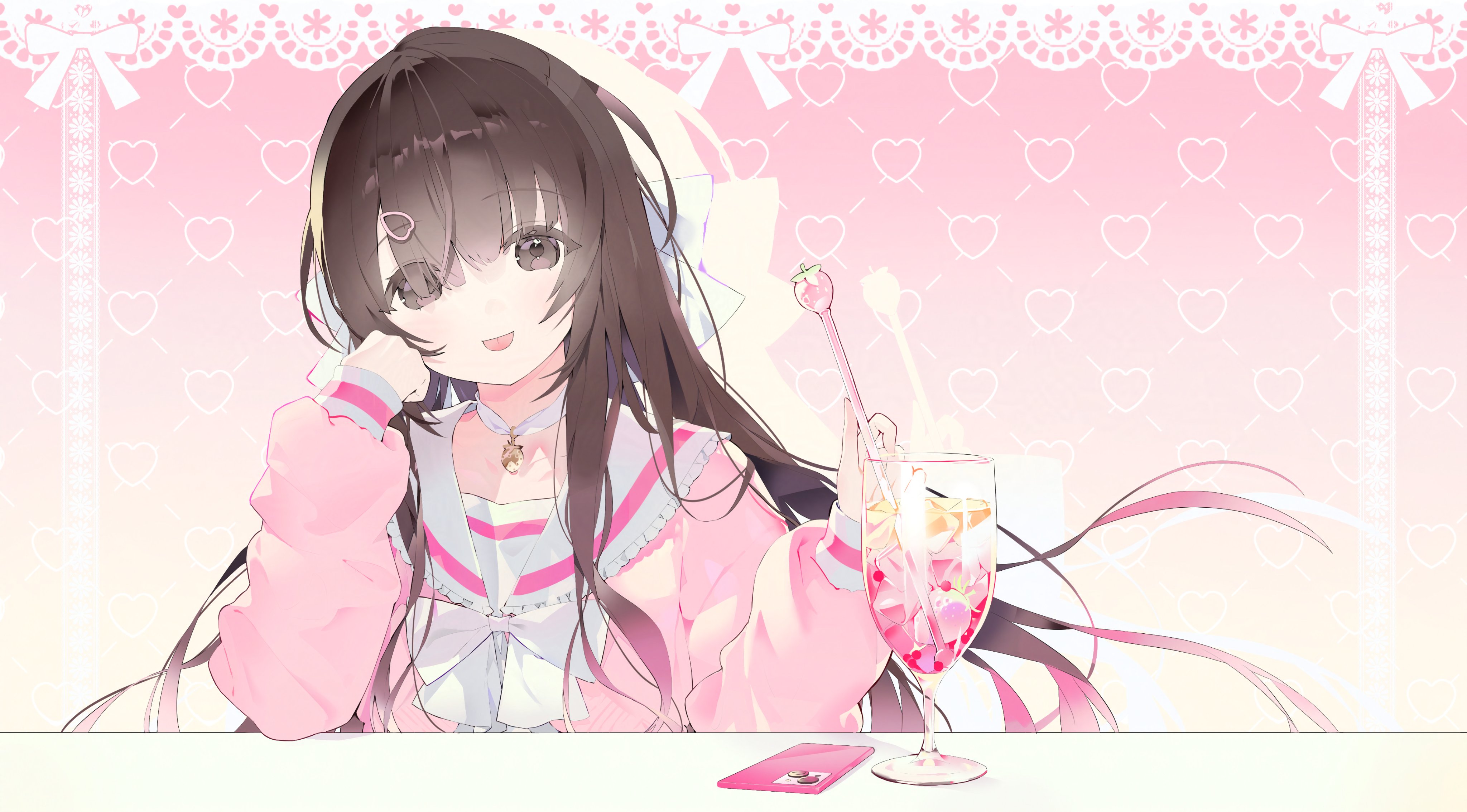 hwii (hwii myu), absurdres, character request, copyright request, highres, 1girl, ainu clothes, brown eyes, brown hair, cup, drinking glass, hair ornament, long hair, phone, simple background, smile, solo, table, virtual youtuber