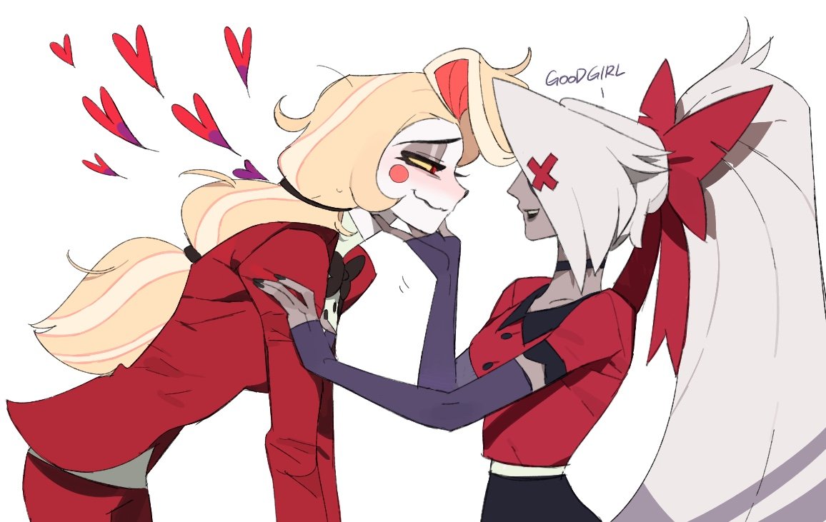 bilidongdong, charlie morningstar, vaggie, hazbin hotel, hellaverse, 2girls, black bow, black bowtie, black choker, black nails, black skirt, blonde hair, blush, bow, bowtie, choker, circle facial mark, collarbone, colored sclera, colored skin, english text, grey hair, grey lips, grey skin, hair bow, hand on another's face, heart, jacket, leaning forward, long hair, looking at another, low ponytail, multiple girls, pants, ponytail, red bow, red eyes, red jacket, red pants, simple background, skirt, smile, white background, yellow sclera, yuri