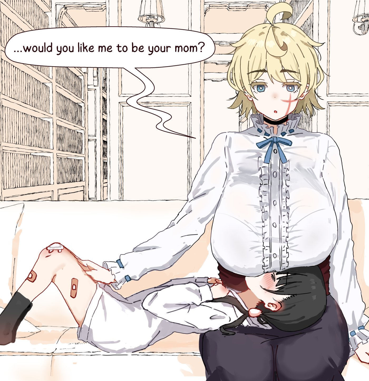 aiu404l, egg (aiu404l), therapist (aiu404l), original, commentary, english commentary, highres, …, 2girls, ahoge, arm support, bandaid, bandaid on leg, black hair, blonde hair, blue eyes, blush, breasts, buttons, closed eyes, dot nose, english text, huge breasts, indoors, lap pillow, long sleeves, medium hair, multiple girls, parted lips, scar, scar on face, socks, speech bubble, spoken ellipsis, straight-on