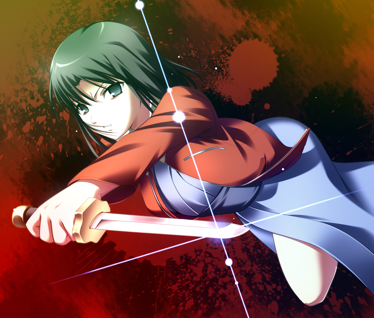 natsukon, ryougi shiki, kara no kyoukai, 1girl, black hair, blood, blue eyes, female focus, frown, green hair, grey eyes, jacket, japanese clothes, kimono, knife, red jacket, reverse grip, short hair, solo