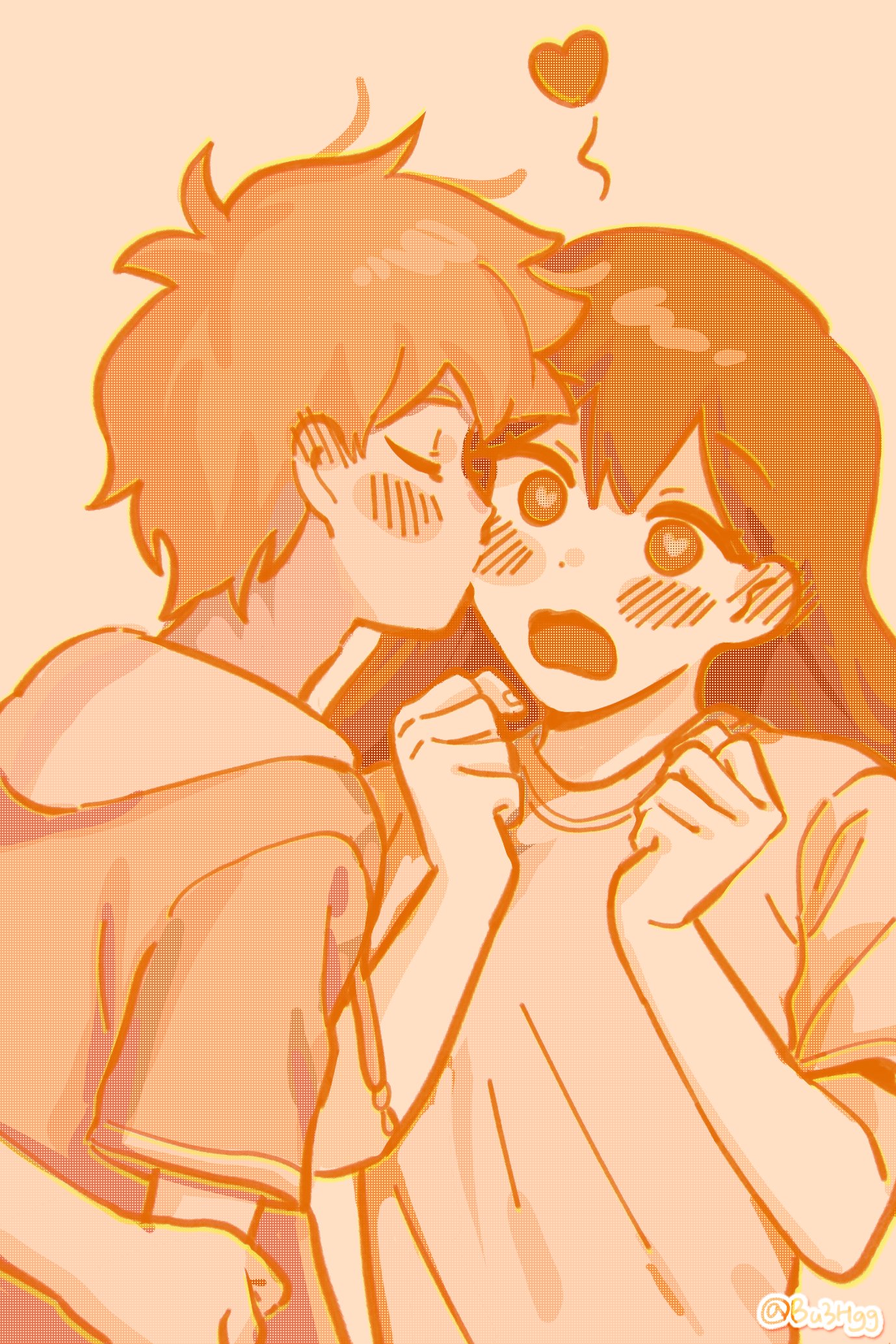 bu3hgg, hero (faraway) (omori), hero (omori), mari (faraway) (omori), mari (omori), omori, highres, 1boy, 1girl, alternate costume, antenna hair, arm behind back, artist name, blush, clenched hands, closed mouth, dark-skinned male, dark skin, double-parted bangs, hair between eyes, heart, heart-shaped pupils, kiss, kissing cheek, long hair, monochrome, open mouth, orange theme, shirt, short hair, short sleeves, symbol-shaped pupils, t-shirt, twitter username