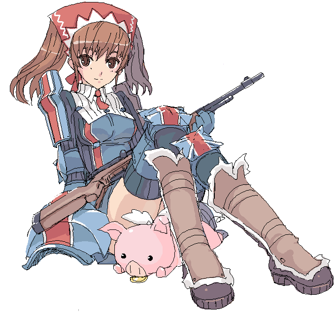 hyunjoong, alicia melchiott, porcavian, senjou no valkyria, senjou no valkyria (series), senjou no valkyria 1, 00s, 1girl, bandana, brown eyes, brown hair, gun, military, military uniform, oekaki, pig, smile, thighhighs, twintails, weapon, wings