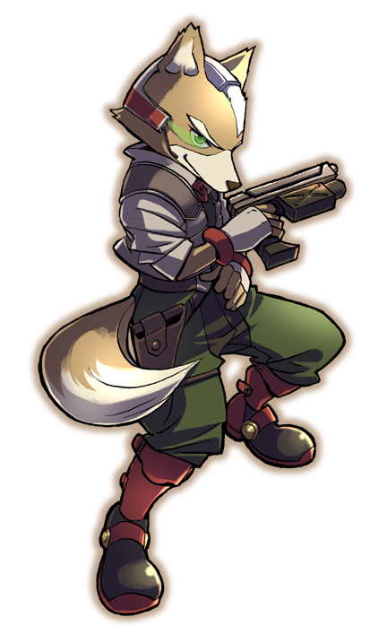 homa kura, fox mccloud, nintendo, star fox, 1boy, furry, furry male, gloves, green eyes, gun, head-mounted display, male focus, smile, solo, tail, weapon