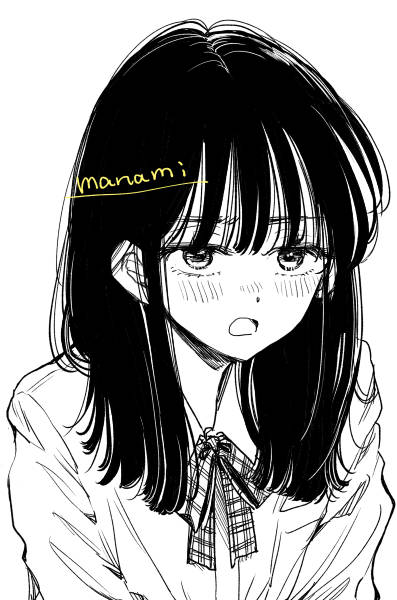 sugano manami, original, commentary request, 1girl, artist name, blush, collared shirt, greyscale, hair between eyes, long hair, monochrome, neck ribbon, open mouth, plaid ribbon, ribbon, school uniform, shirt, signature, simple background, solo, upper body, white background