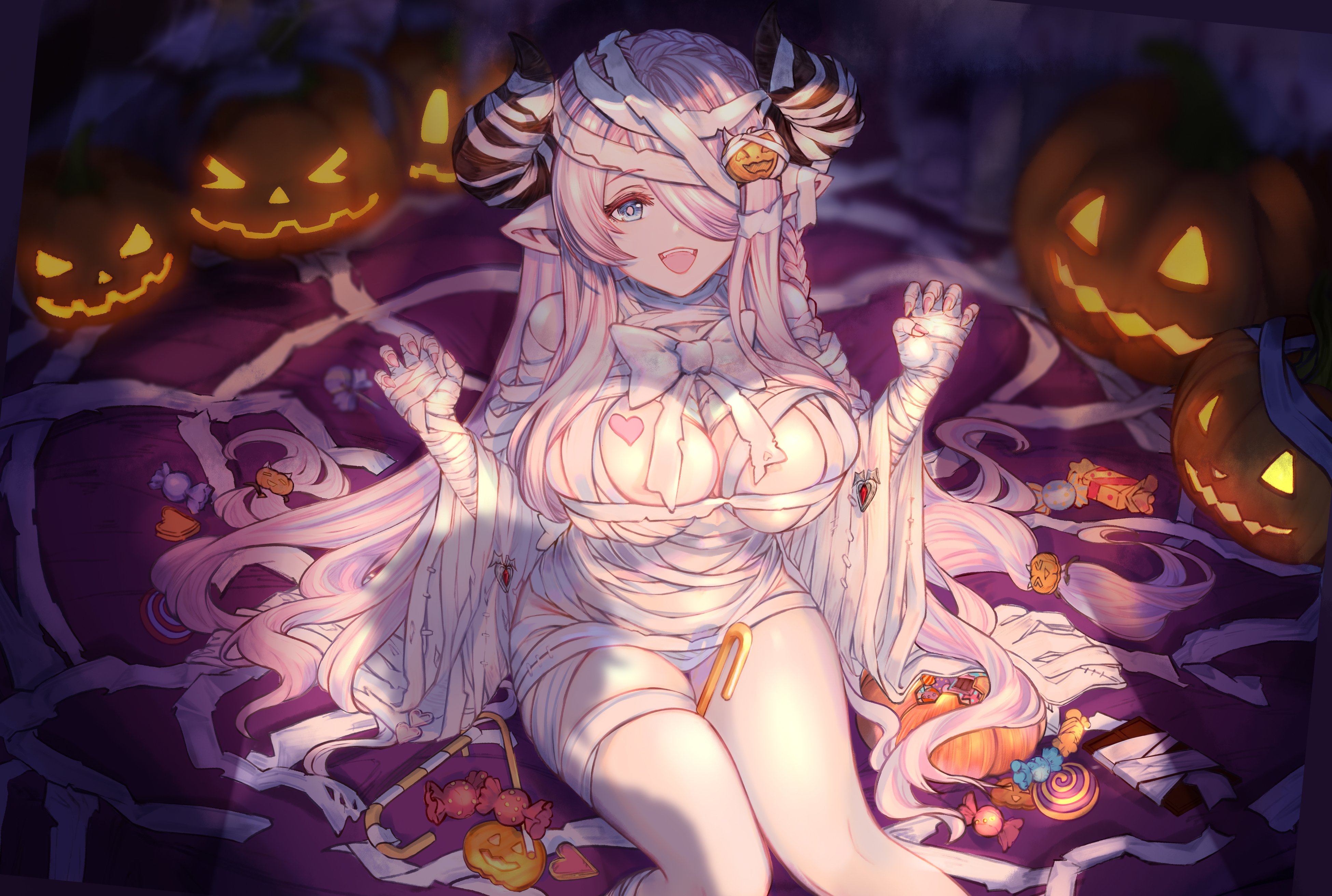 keqikehe, narmaya (granblue fantasy), granblue fantasy, absurdres, highres, 1girl, bandaged horn, blue eyes, braid, breasts, candy, claw pose, draph, food, hair ornament, hair over one eye, halloween, hands up, horns, jack-o'-lantern, large breasts, long hair, looking at viewer, mummy costume, nail polish, open mouth, pink hair, pink nails, pointy ears, smile, solo, thighs, very long hair