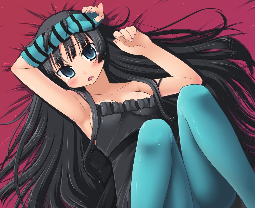 amamiya minato, akiyama mio, don't say "lazy", k-on!, 00s, 1girl, aqua pantyhose, black hair, blue eyes, blue pantyhose, blush, female focus, legs up, long hair, lying, pantyhose, solo, tears