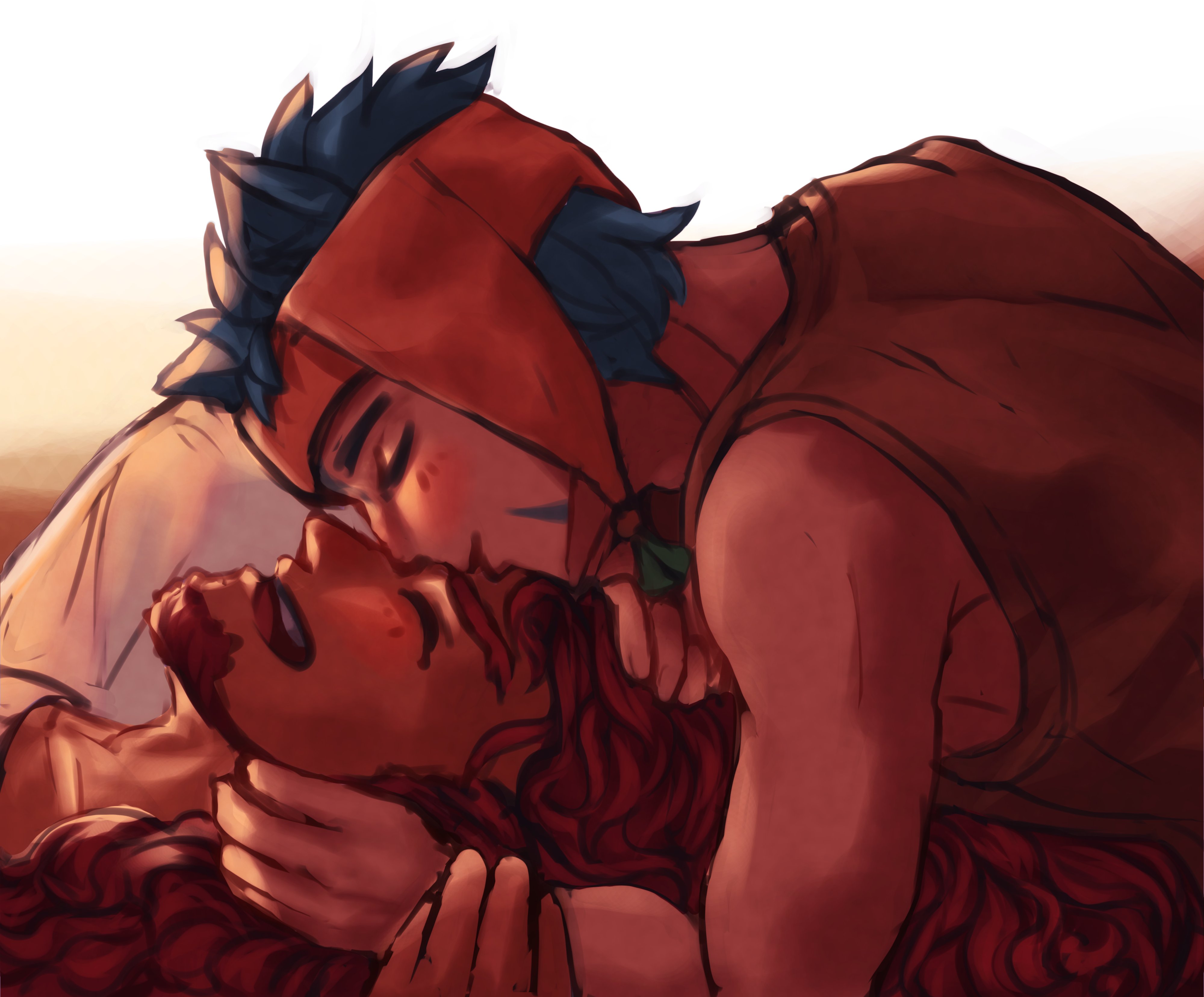 quiu bagan, ranulf (fire emblem), skrimir (fire emblem), fire emblem, fire emblem: radiant dawn, nintendo, absurdres, commentary, english commentary, highres, 2boys, animal ears, blue hair, cat boy, cat ears, closed mouth, couple, facial hair, goatee, headdress, kiss, kissing forehead, long hair, male focus, multiple boys, short hair, yaoi