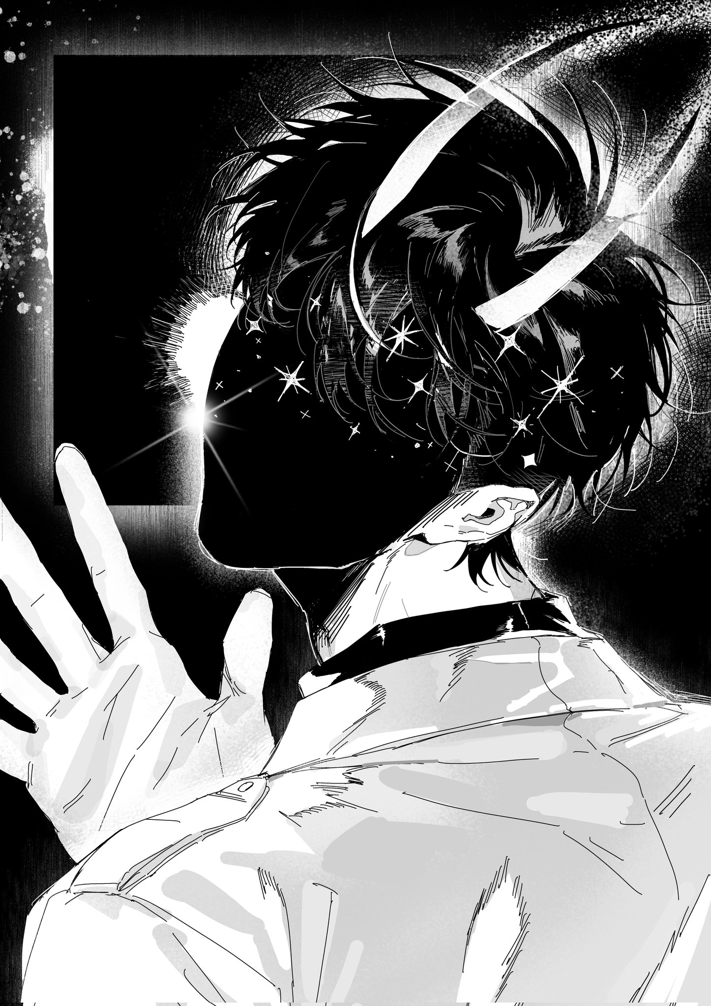 kim dokja, omniscient reader's viewpoint, commentary, english commentary, highres, 1boy, black hair, box, coat, demon horns, faceless, facing viewer, from behind, glowing, greyscale, hand up, horns, looking back, male focus, messy hair, monochrome, open clothes, open coat, owlaoao, popped collar, shaded face, short hair, solo, sparkle, upper body, waving, white coat