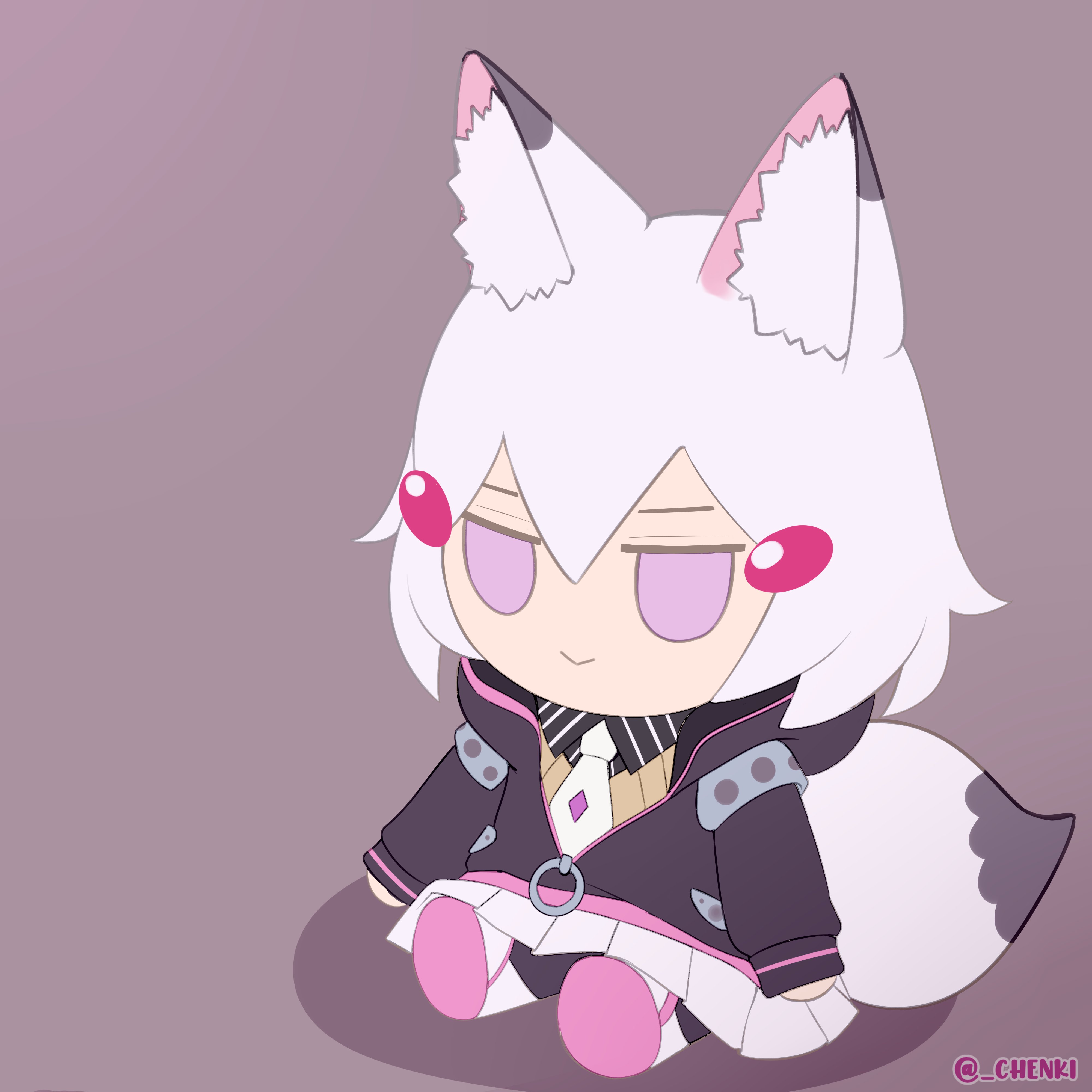 chenki (chenki), tenma maemi, phase connect, absurdres, commentary, english commentary, highres, 1girl, animal ear fluff, animal ears, artist name, black jacket, closed mouth, fox ears, fox girl, fox tail, hood, hooded jacket, jacket, necktie, open clothes, open jacket, purple eyes, short hair, solo, tail, twitter username, virtual youtuber, white hair, white necktie