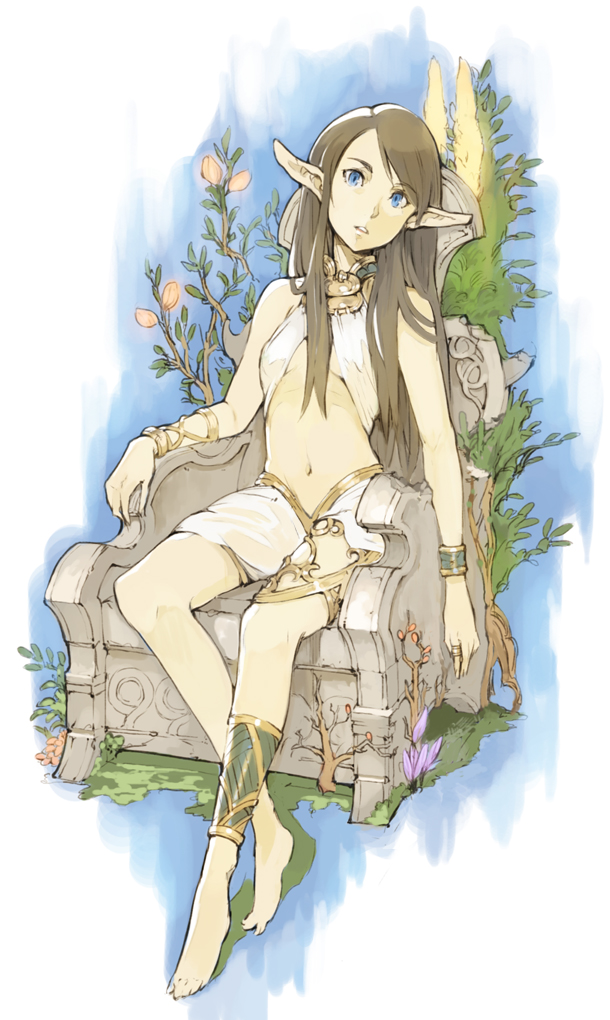 tko (artist), tko (kkk66), original, 1girl, anklet, bare shoulders, barefoot, blue eyes, brown hair, chair, elf, feet, female focus, flat chest, full body, jewelry, long hair, navel, pointy ears, sitting, solo