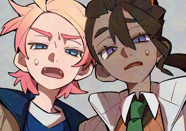 nploser, naveen (pokemon), urbain (pokemon), nintendo, pokemon, pokemon legends: z-a, 2boys, blonde hair, blue eyes, brown hair, dark-skinned male, dark skin, furrowed brow, gradient hair, green necktie, hair pulled back, jacket, looking at viewer, low ponytail, male focus, multicolored hair, multiple boys, necktie, open mouth, orange sweater, pink hair, ponytail, portrait, purple eyes, short hair, sweatdrop, sweater, thick eyebrows, wavy hair, white jacket