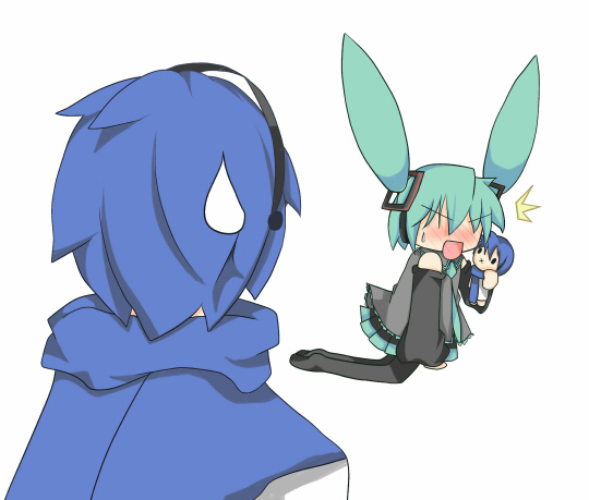mbczlhamu, hatsune miku, kaito (vocaloid), vocaloid, bad id, bad pixiv id, 1boy, 1girl, aged down, aqua hair, blush, character doll, doll, surprised, sweatdrop, thighhighs, twintails