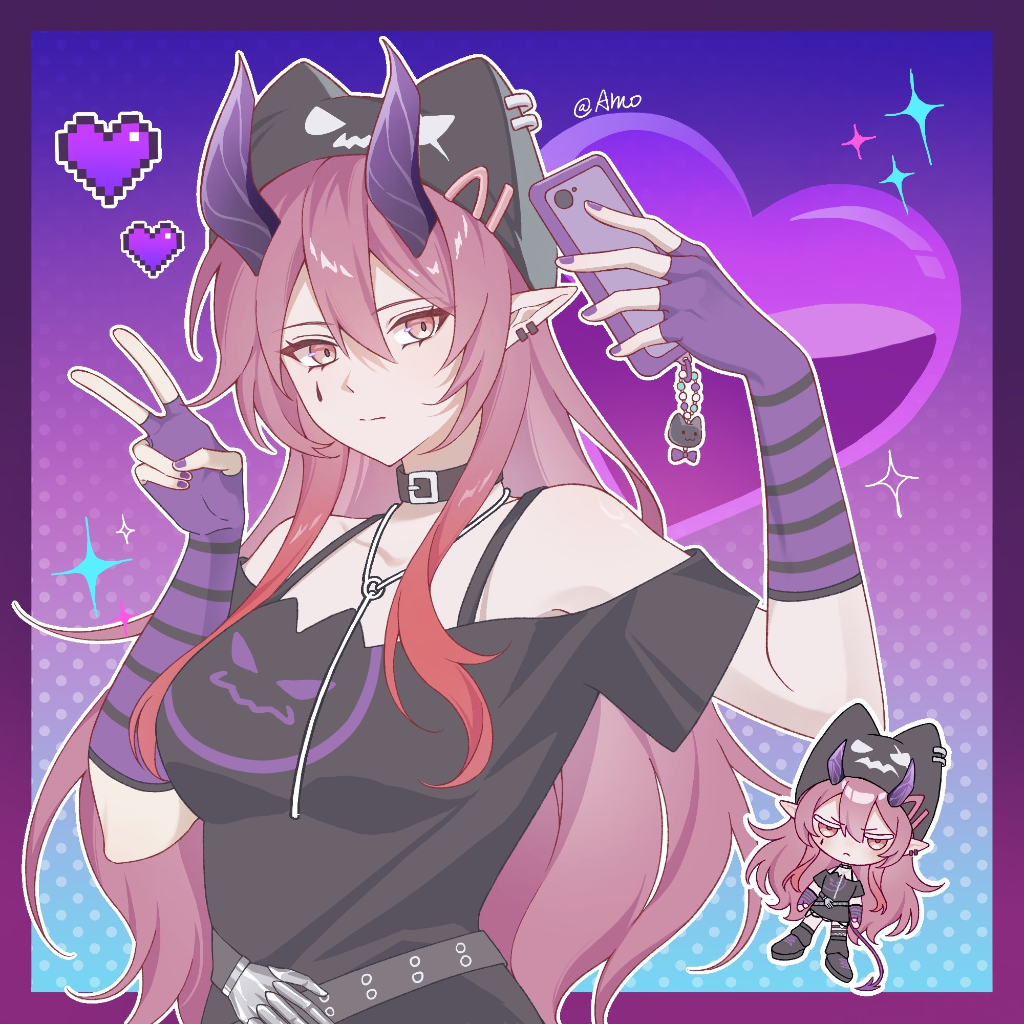amo20839453, ascalon (arknights), arknights, chinese commentary, commentary request, highres, 1girl, bare shoulders, belt, belt buckle, belt collar, black belt, black collar, black hat, black shirt, border, buckle, cellphone, chibi, chibi inset, closed mouth, collar, ear piercing, elbow gloves, fingerless gloves, fingernails, gloves, gradient hair, hair between eyes, hat, heart, holding, holding phone, horns, long hair, multicolored hair, nail polish, off shoulder, outline, outside border, phone, piercing, pink eyes, pink hair, pixel heart, pointy ears, punk, purple border, purple gloves, purple horns, purple nails, red hair, selfie, shirt, smartphone, solo, sparkle, streaked hair, teardrop facial mark, upper body, v, white outline