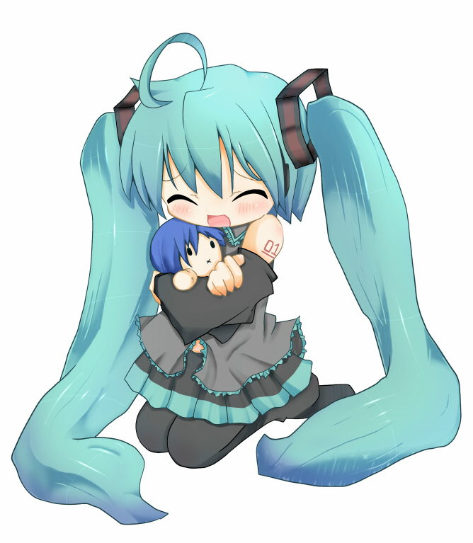 mbczlhamu, hatsune miku, kaito (vocaloid), vocaloid, bad id, bad pixiv id, 1girl, aged down, ahoge, aqua hair, cameo, character doll, doll, female focus, hug, kneeling, long hair, solo, thighhighs, twintails, very long hair