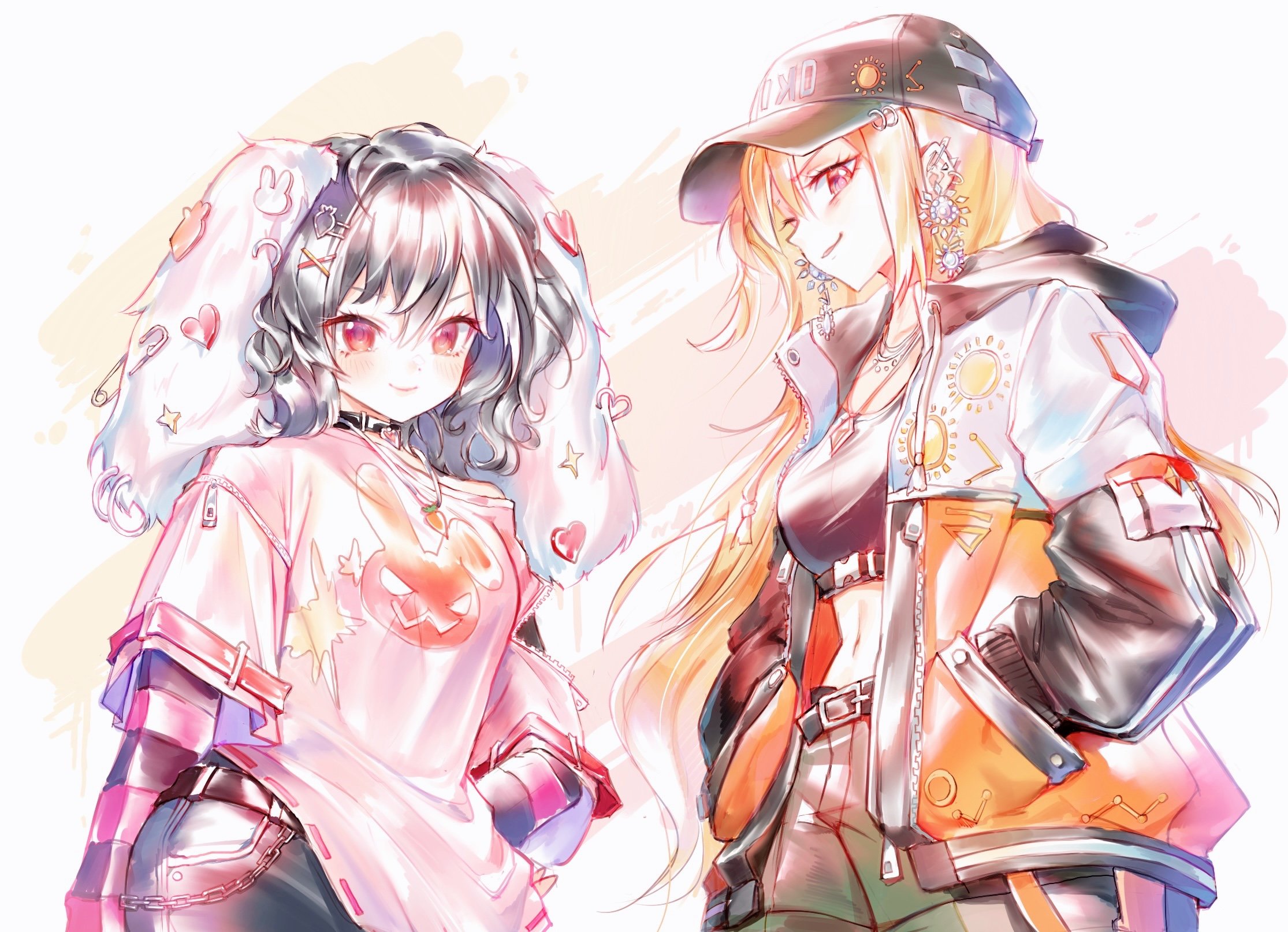 rhea (156latte), inaba tewi, matara okina, touhou, highres, 2girls, :p, alternate costume, animal ear piercing, animal ears, animal print, baseball cap, belt, black belt, black collar, black hair, black hat, black shirt, blonde hair, breasts, carrot hair ornament, carrot necklace, chain, collar, cowboy shot, crop top, denim, ear ornament, ear piercing, earrings, floppy ears, food-themed hair ornament, green shorts, hair ornament, hand on own hip, hands in pockets, hat, heart pendant, hood, hooded jacket, jacket, jeans, jewelry, layered sleeves, long hair, long sleeves, looking at viewer, makeup, medium breasts, multiple girls, multiple necklaces, necklace, off-shoulder shirt, off shoulder, orange jacket, pants, piercing, pink shirt, rabbit ears, rabbit print, red eyes, safety pin, shirt, short hair, short over long sleeves, short sleeves, shorts, smile, splatter background, striped sleeves, sun earrings, sun print, tongue, tongue out, v-shaped eyebrows, wavy hair, white background, x hair ornament, zipper