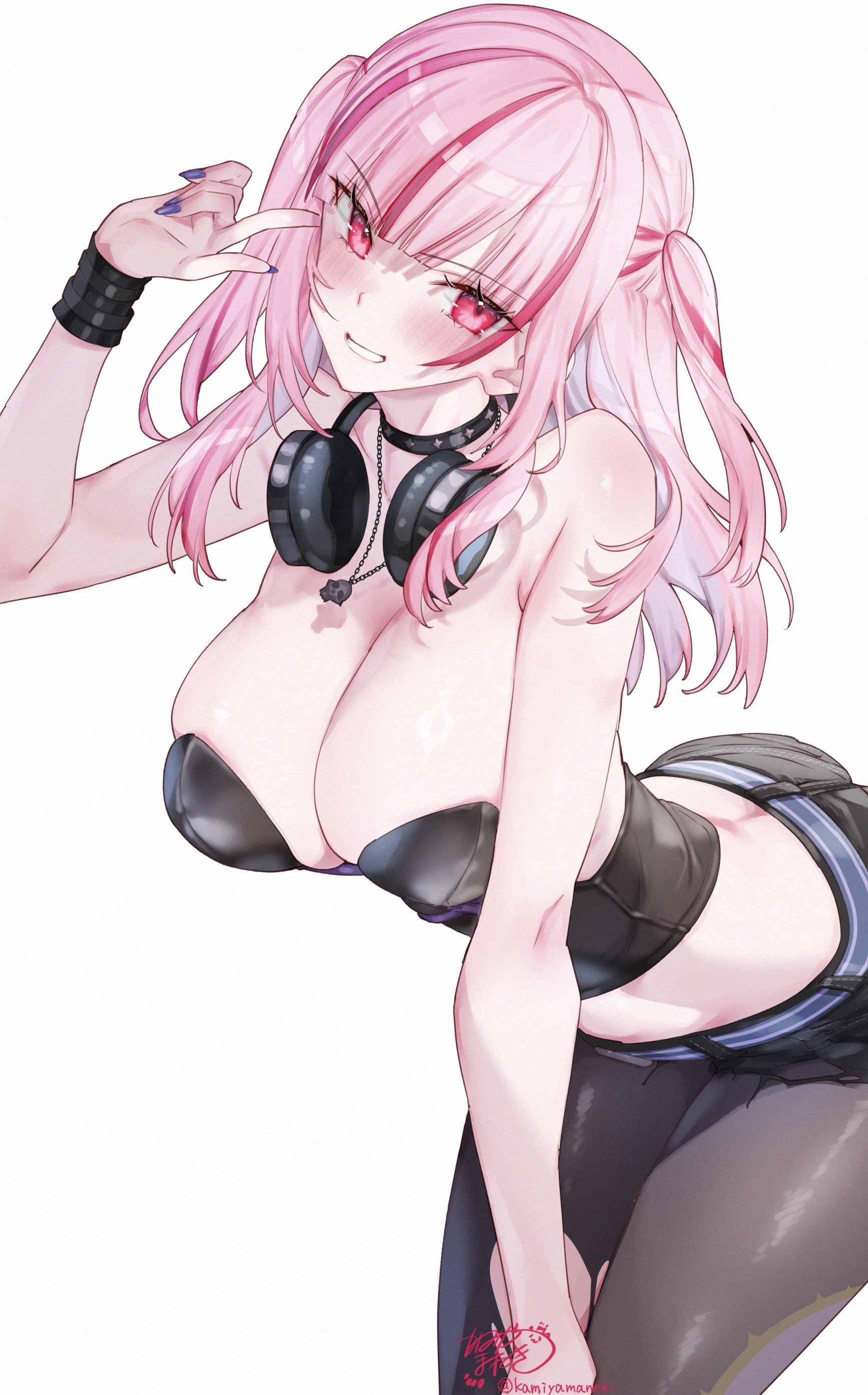 kamiya maneki, mori calliope, mori calliope (rock bunny), hololive, hololive english, absurdres, commentary, english commentary, highres, 1girl, artist name, bare shoulders, black bustier, black choker, black pantyhose, black shorts, black wrist cuffs, blush, breasts, bustier, choker, cleavage, collarbone, grin, headphones, headphones around neck, huge breasts, index finger raised, jewelry, leaning forward, long hair, looking at viewer, multicolored hair, nail polish, necklace, pantyhose, pink eyes, pink hair, pink nails, purple nails, shorts, signature, simple background, skull necklace, smile, solo, streaked hair, thighs, torn clothes, torn pantyhose, twitter username, two-tone hair, two side up, virtual youtuber, white background, wrist cuffs