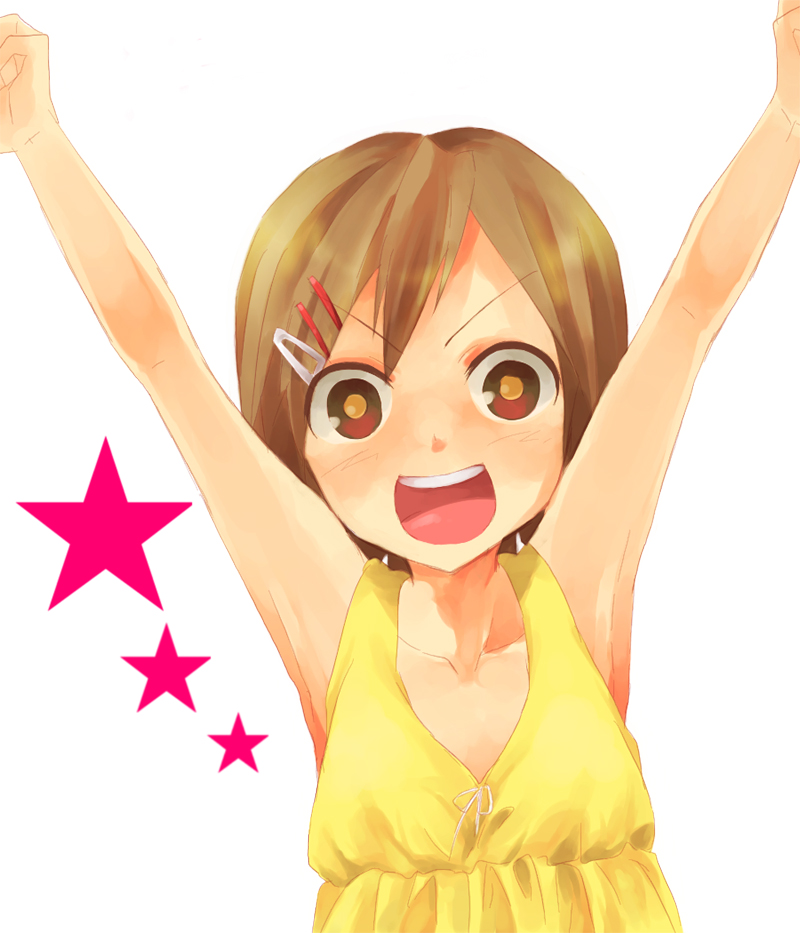 1girl, brown hair, female focus, hair ornament, hairclip, orange eyes, simple background, solo, star (symbol)