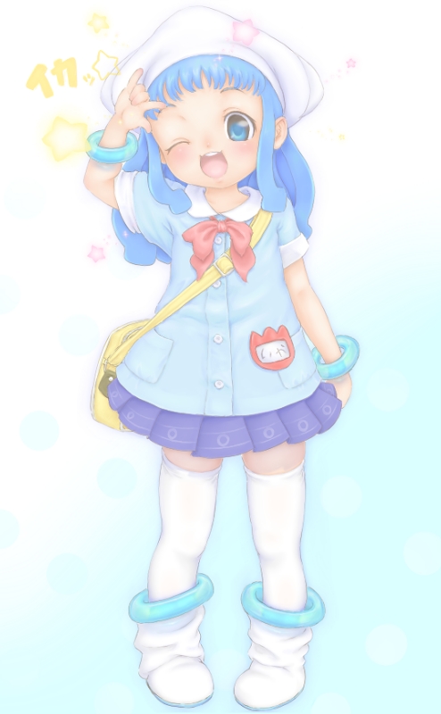 1girl, bag, blue eyes, blue hair, boots, bow, bowtie, bracelet, female focus, full body, gradient background, handbag, jewelry, matching hair/eyes, one eye closed, skirt, socks, solo, wink