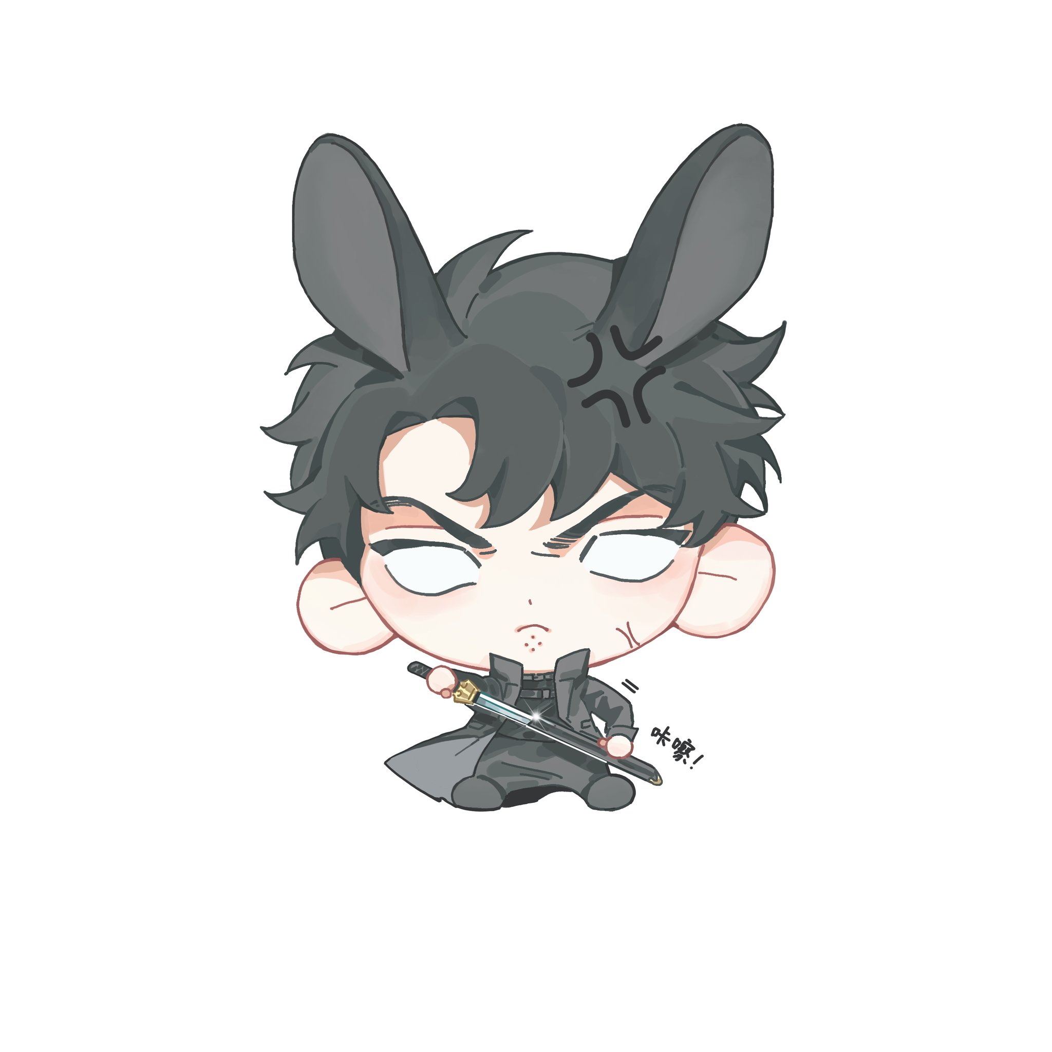 yoo joonghyuk, omniscient reader's viewpoint, highres, translation request, 1boy, angry, animal ears, black coat, black hair, chibi, chibi only, chinese text, coat, curtained hair, empty eyes, full body, furrowed brow, kemonomimi mode, looking at viewer, male focus, narrowed eyes, open clothes, open coat, owlaoao, popped collar, rabbit ears, scar, scar on face, sheath, short hair, solo, sound effects, unsheathing