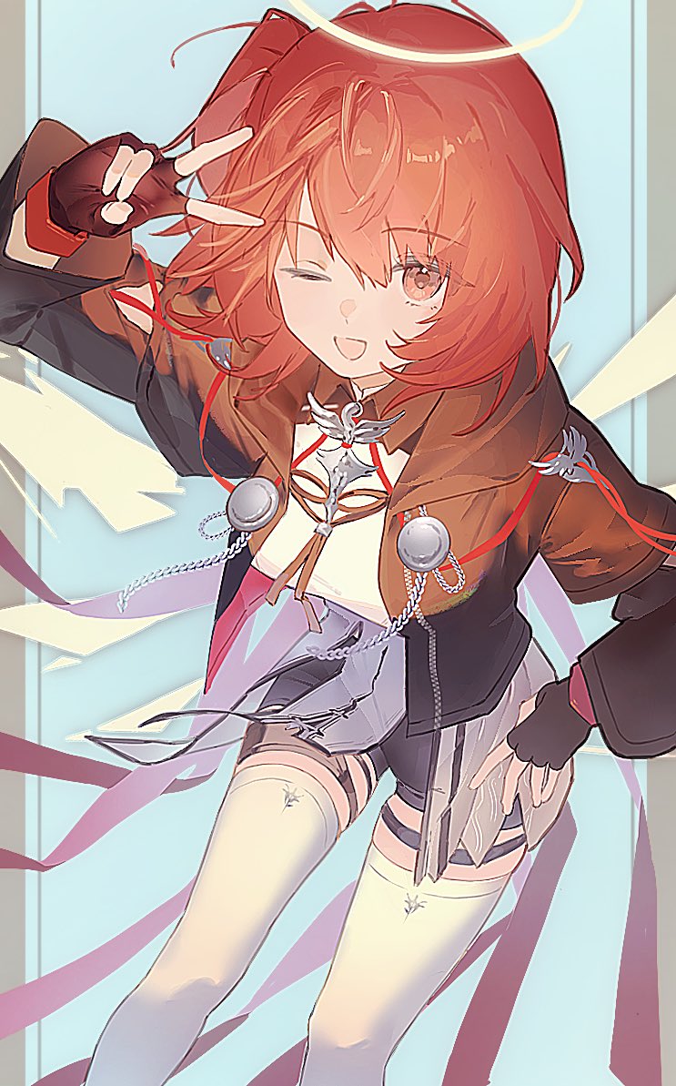 mgmg cc211, exusiai (arknights), exusiai the new covenant (arknights), arknights, commentary, 1girl, ;d, black shorts, brown gloves, brown jacket, feet out of frame, fingerless gloves, gloves, hair between eyes, halo, jacket, leaning, leaning forward, long sleeves, looking at viewer, one eye closed, open clothes, open jacket, open mouth, red eyes, red hair, shirt, short hair, shorts, smile, solo, standing, thigh strap, thighhighs, traditional halo, v, v over head, white halo, white shirt, white thighhighs