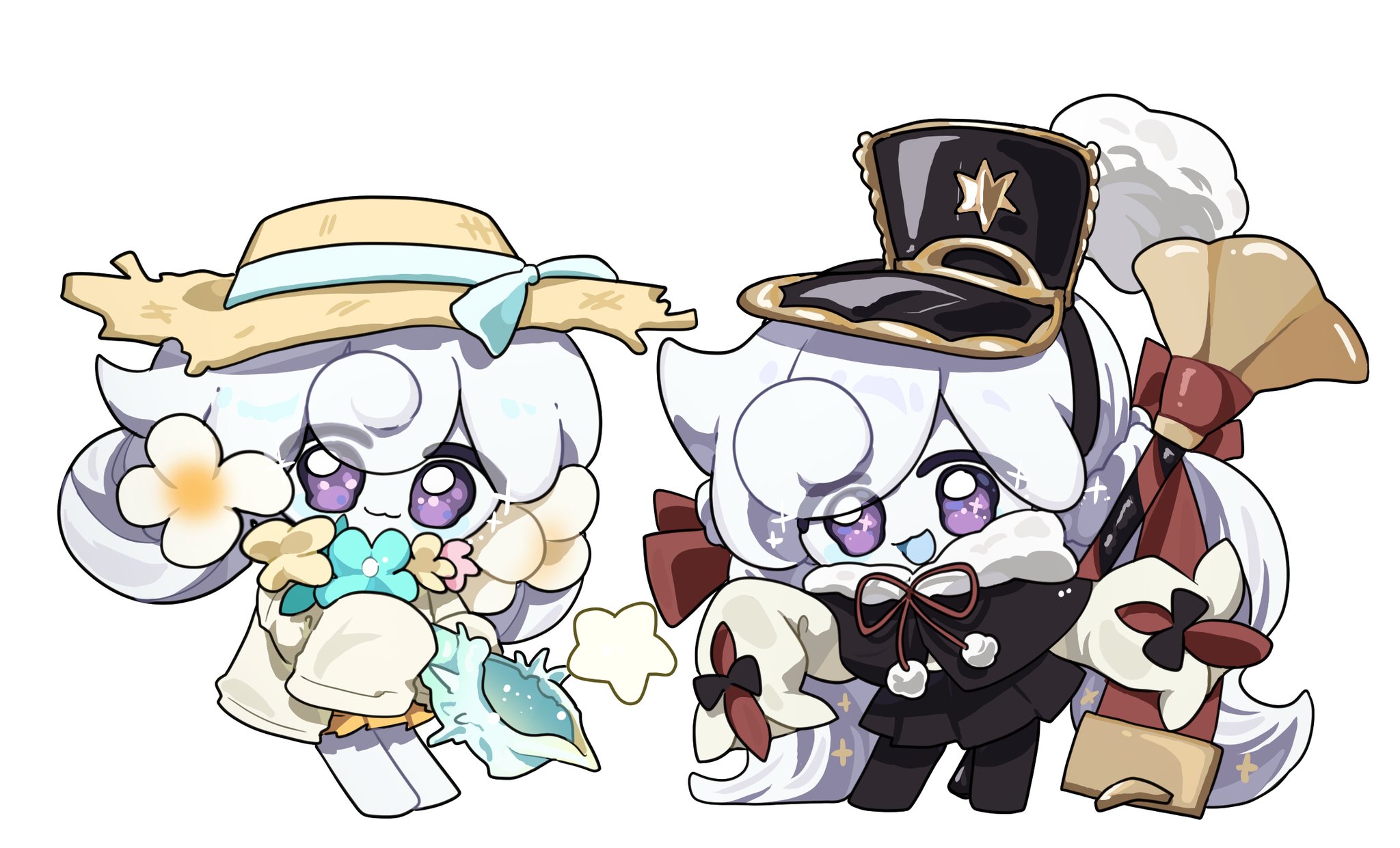 milkalong, milky way cookie, milky way cookie (conductor's summer getaway), milky way cookie (milky way resonance), cookie run, cookie run: kingdom, highres, 1girl, absurdly long hair, black capelet, black hairband, black hat, black pantyhose, black skirt, blue ribbon, blue tongue, blush stickers, capelet, chibi, chibi only, closed mouth, colored skin, colored tongue, conch, flower, flower necklace, full body, fur-trimmed capelet, fur trim, hair between eyes, hair flower, hair ornament, hair ribbon, hair rings, hairband, hat, hat ribbon, holding seashell, instrument, jacket, jewelry, lei, long hair, looking at viewer, low twintails, neck ribbon, necklace, official alternate costume, official alternate hair length, official alternate hairstyle, one-piece swimsuit, open clothes, open jacket, open mouth, orange one-piece swimsuit, pantyhose, pleated skirt, pom pom (clothes), purple eyes, red ribbon, ribbon, seashell, shako cap, shell, shirt, simple background, skirt, sleeves past fingers, sleeves past wrists, smile, star (symbol), straw hat, sun hat, swimsuit, twintails, very long hair, white background, white hair, white skin, yellow jacket, yellow shirt