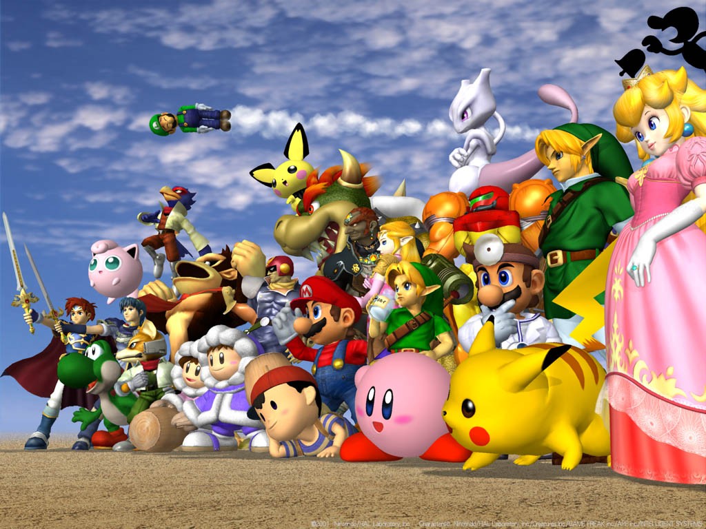 bowser, captain falcon, donkey kong, dr. mario, falco lombardi, fox mccloud, ganondorf, ice climbers, jigglypuff, kirby, koopa, link, luigi, mario, marth (fire emblem), mewtwo, mr. game & watch, nana (ice climber), ness (mother 2), pichu, pikachu, popo (ice climber), princess peach, princess zelda, roy (fire emblem), samus aran, yoshi, young link, f-zero, fire emblem, game & watch, ice climber, kirby (series), mario (series), metroid, mother (series), mother 2, nintendo, pokemon, star fox, super mario bros. 1, super smash bros., the legend of zelda, 4girls, 6+boys, absolutely everyone, bottle, child, everyone, gen 1 pokemon, gen 2 pokemon, group pic, legendary pokemon, milk, multiple boys, multiple girls, outdoors, pokemon (creature), sky, sword, weapon
