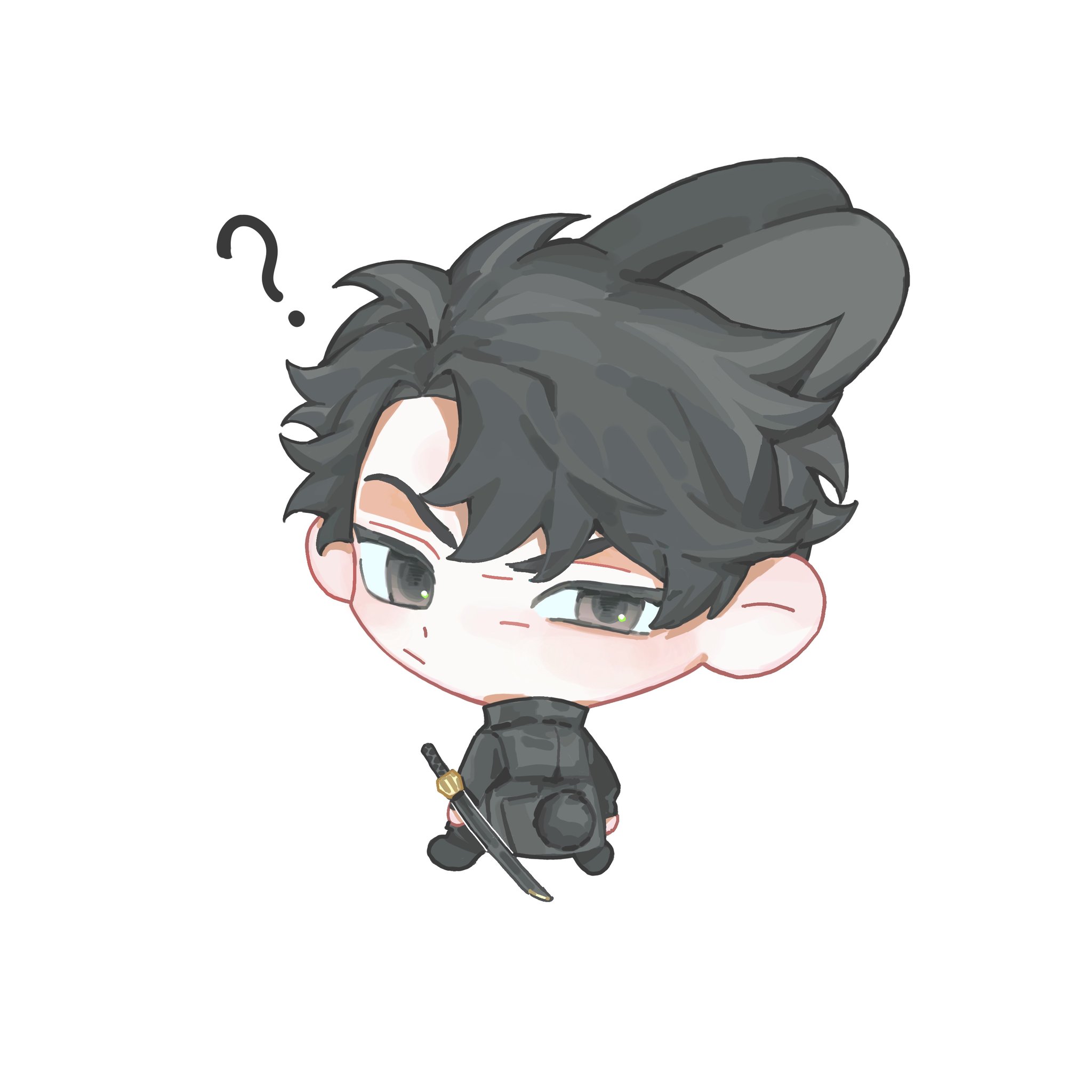 yoo joonghyuk, omniscient reader's viewpoint, highres, 1boy, :/, ?, animal ears, black coat, black eyes, chibi, chibi only, coat, full body, half-closed eye, kemonomimi mode, looking back, open clothes, open coat, owlaoao, rabbit ears, rabbit tail, scabbard, sheath, solo, tail