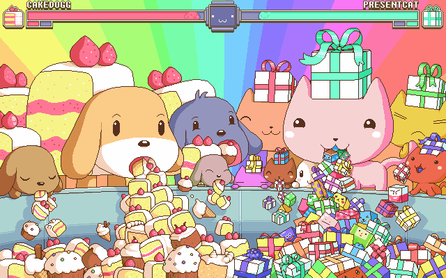 paul robertson, cakedogg, presentcat, katamari damacy, madou monogatari, puyopuyo, animated, animated gif, epilepsy warning, :3, barf, bow, cake, cameo, cat, cherry, colorful, competition, cupcake, dog, food, fruit, longcat (meme), meme, muffin, no humans, psychedelic, rainbow, starter pokemon trio