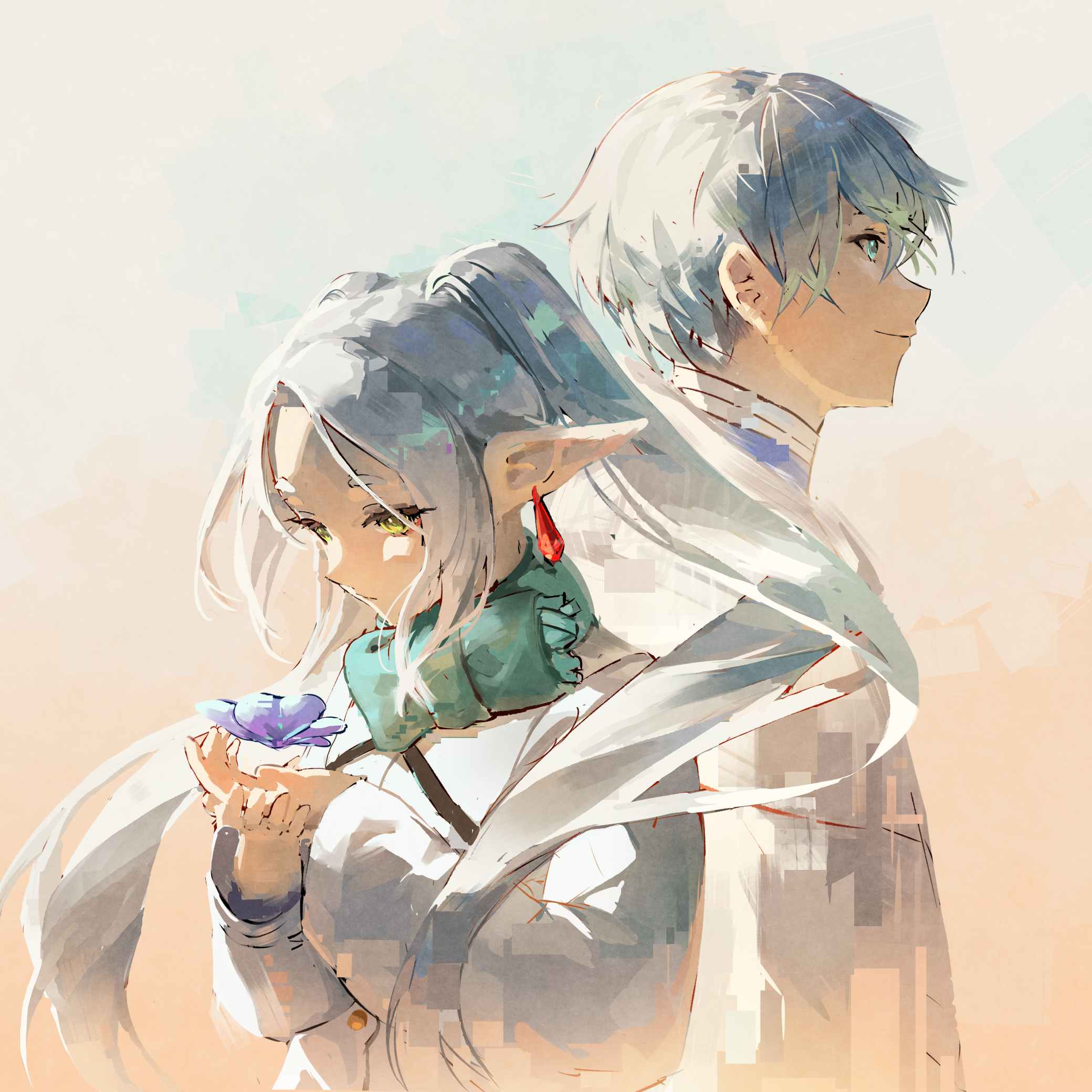 arkilide, frieren, himmel (sousou no frieren), sousou no frieren, commentary, english commentary, highres, 1boy, 1girl, back-to-back, blue eyes, blue tunic, closed mouth, coat, earrings, elf, floating earrings, flower, green eyes, green scarf, jewelry, looking down, parted bangs, pointy ears, scarf, short hair, smile, thick eyebrows, tunic, twintails, white coat, white hair