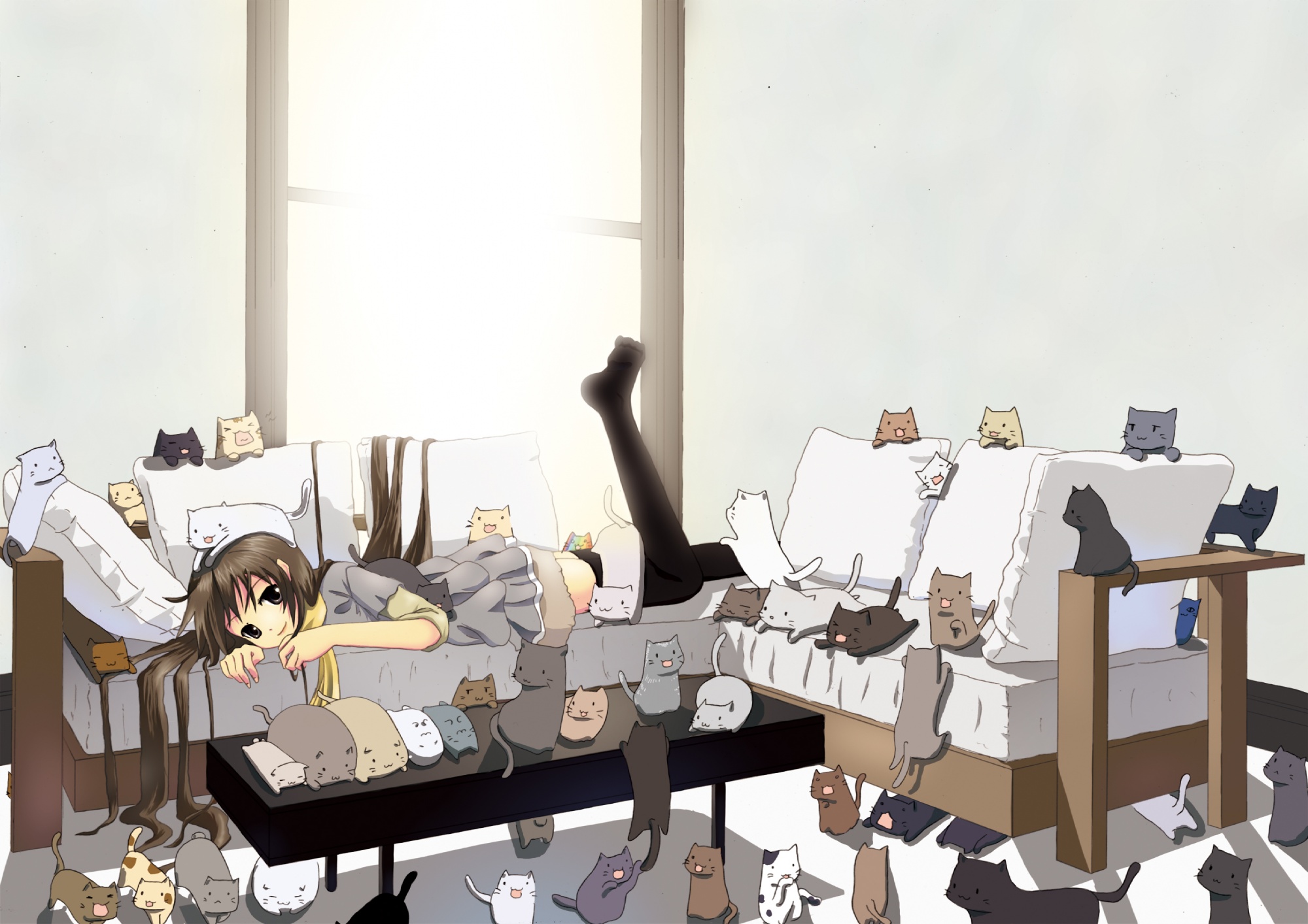 nekobaka, smoked salmon, 2channel, highres, 1girl, cat, couch, everyone, female focus, indoors, leg lift, long hair, pet, pillow, rainbow, rainbow cat, skirt, solo, table, too many, too many cats, white upholstery, window