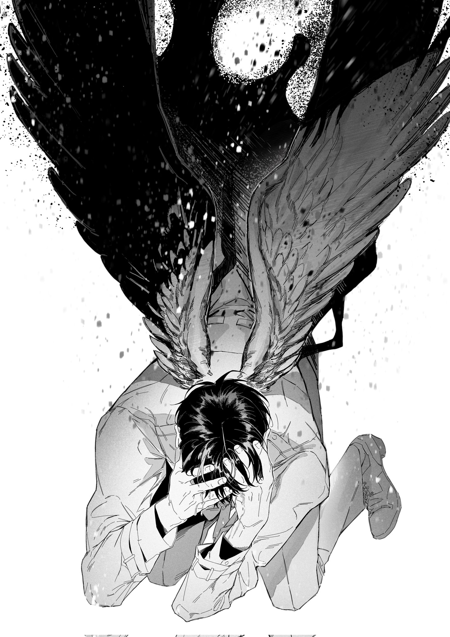 kim dokja, omniscient reader's viewpoint, commentary, english commentary, highres, 1boy, black hair, black wings, coat, covering own face, feathered wings, full body, greyscale, hands up, kneeling, light particles, male focus, monochrome, owlaoao, short hair, solo, tears, white coat, wings