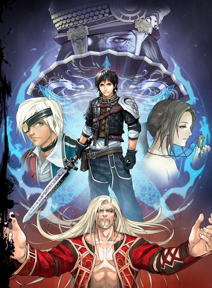 david nassau, irina sykes, rush sykes, the conqueror, the last remnant, uniform, 1girl, 4boys, beret, blonde hair, brown hair, building, collarbone, hat, headband, holding, holding sword, holding weapon, long sleeves, looking at viewer, multiple boys, outstretched arms, pants, profile, standing, sword, weapon