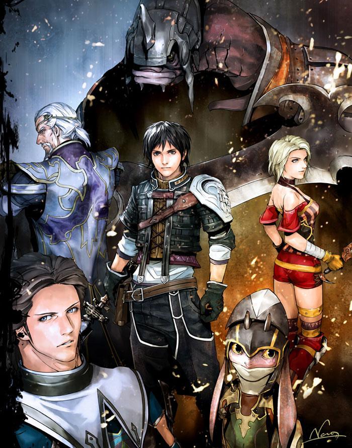 paris (the last remnant), roberto (the last remnant), roeas, rush sykes, the last remnant, 1girl, 3boys, armor, ass, bare shoulders, belt, black hair, blonde hair, brown hair, dress, helmet, looking at viewer, multiple boys, off-shoulder dress, off shoulder, red dress, short hair, standing