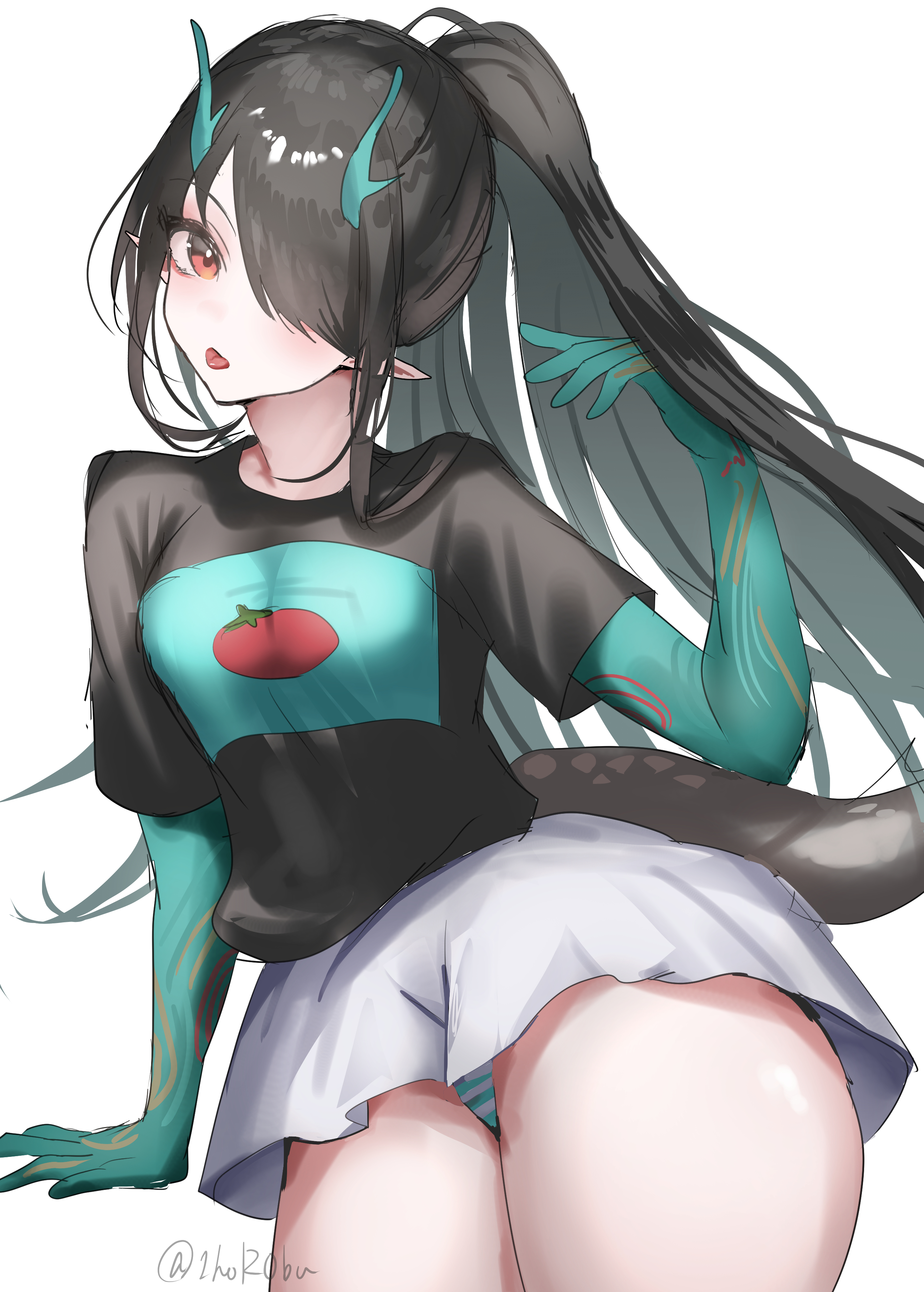 horobu, dusk (arknights), arknights, absurdres, commentary, highres, 1girl, :p, alternate costume, alternate hairstyle, aqua panties, black hair, black shirt, casual, colored extremities, cowboy shot, dragon girl, dragon horns, dragon tail, grey panties, grey skirt, hair over one eye, horns, long hair, looking at viewer, miniskirt, one eye covered, orange eyes, panties, pointy ears, ponytail, shirt, short sleeves, simple background, sketch, skirt, solo, striped clothes, striped panties, t-shirt, tail, tongue, tongue out, twitter username, underwear, watermark, white background