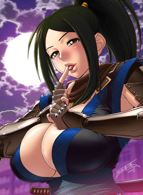 tatsunami youtoku, original, 1girl, armor, black hair, breasts, brown eyes, cleavage, female focus, fingerless gloves, gloves, high ponytail, huge breasts, ninja, ponytail, scarf, solo, sword, tongue, tongue out, weapon