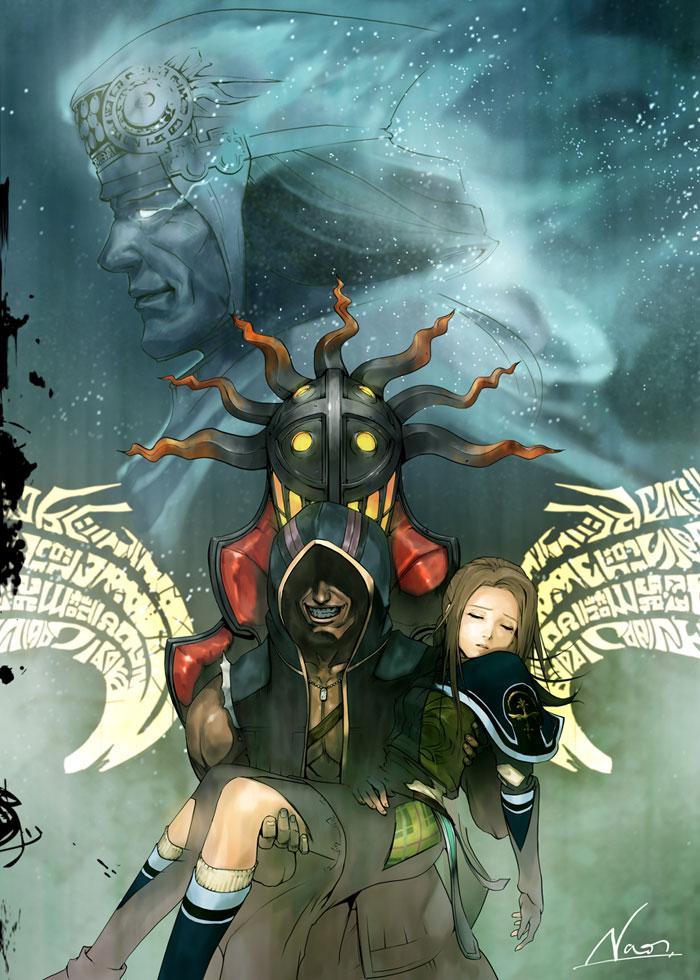 irina sykes, the last remnant, 1boy, 1girl, black socks, brown hair, cloak, creature, dark skin, hood, hooded cloak, kneehighs, kneeling, looking at viewer, pants, socks, spikes, yellow eyes