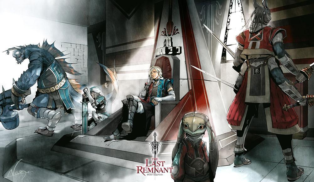 blocter, david nassau, emma honeywell, pagus, torgal, the last remnant, striped, 1boy, 1girl, armor, blonde hair, brown hair, curtains, from behind, indoors, long hair, polearm, short hair, spear, throne, twintails, vertical stripes, very long hair, weapon, window