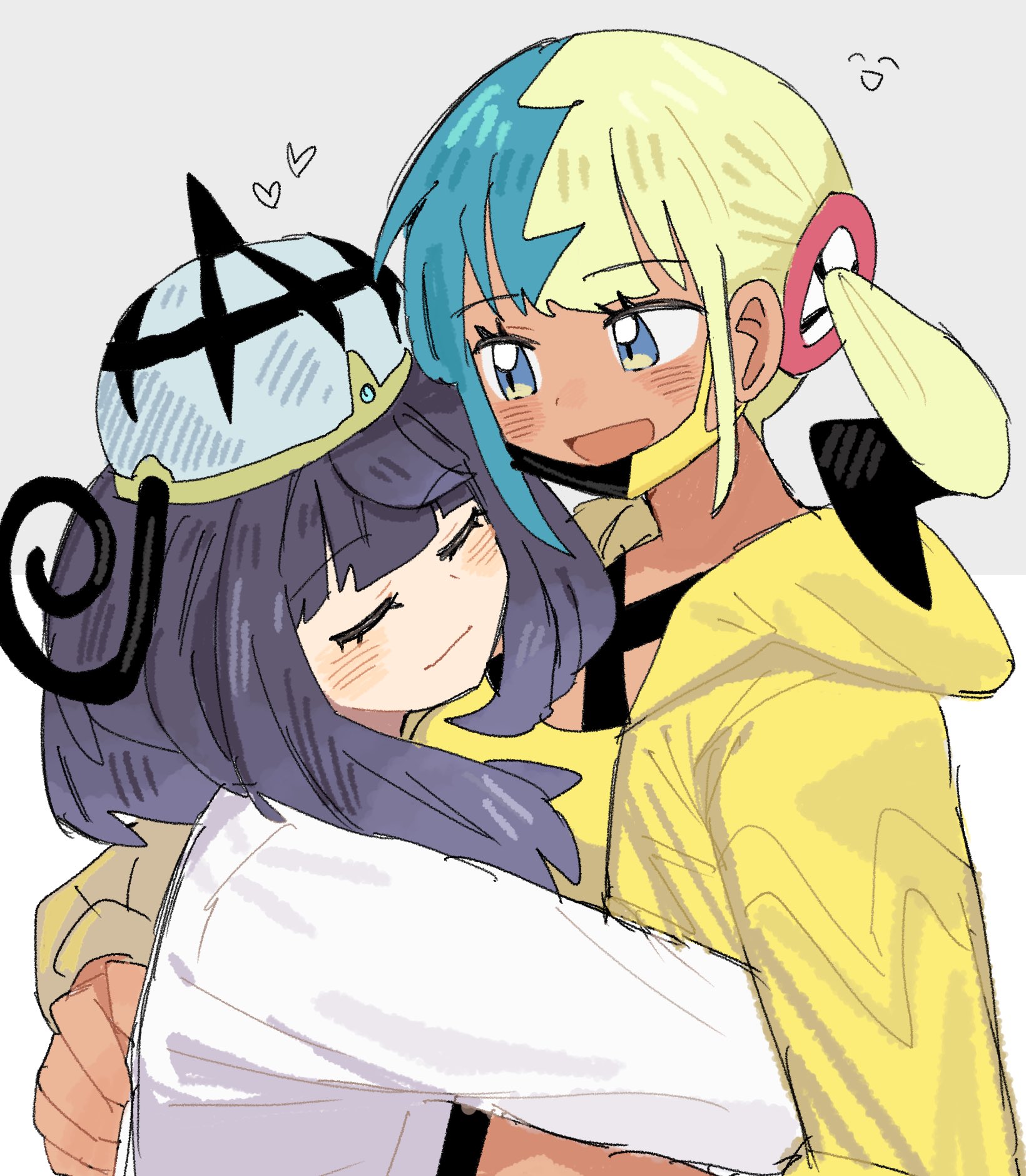 han0579, canari (pokemon), gwynn (pokemon), nintendo, pokemon, pokemon legends: z-a, highres, 2girls, :d, black hair, blonde hair, blue hair, blush, closed eyes, closed mouth, coat, crop top, dark-skinned female, dark skin, eyelashes, hat, heart, hug, jacket, long sleeves, looking at another, multicolored hair, multiple girls, open mouth, purple hair, short hair, smile, split-color hair, upper body, white coat, yellow jacket, yuri