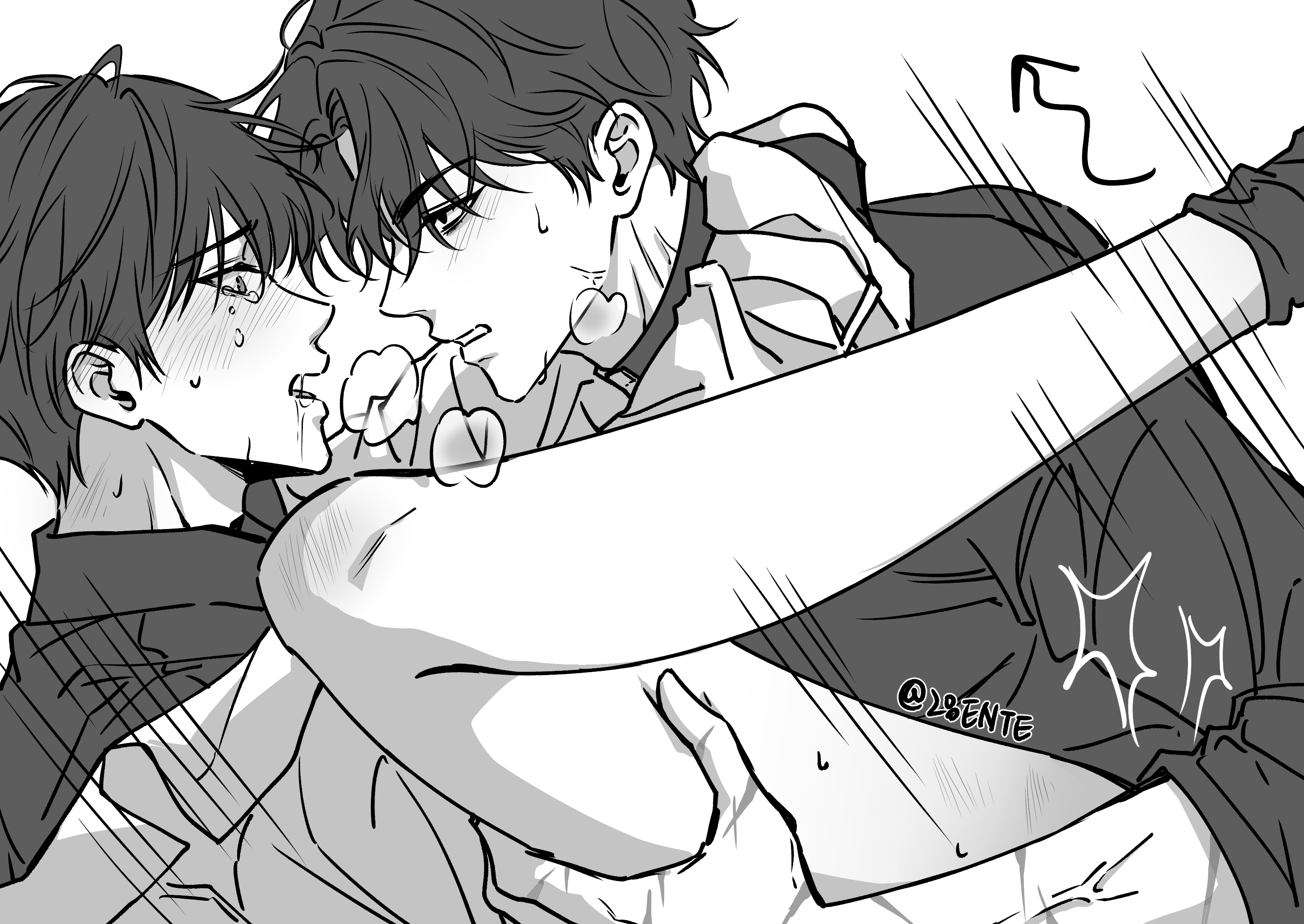 kim dokja, yoo joonghyuk, omniscient reader's viewpoint, commentary request, highres, korean commentary, 28ente, 2boys, aegyo sal, arm around neck, black shirt, black socks, breath, coat, collared shirt, crew neck, flustered, hand on another's leg, implied sex, looking at another, male focus, multiple boys, no pants, open mouth, sexually suggestive, shirt, short hair, socks, veins, white coat, yaoi