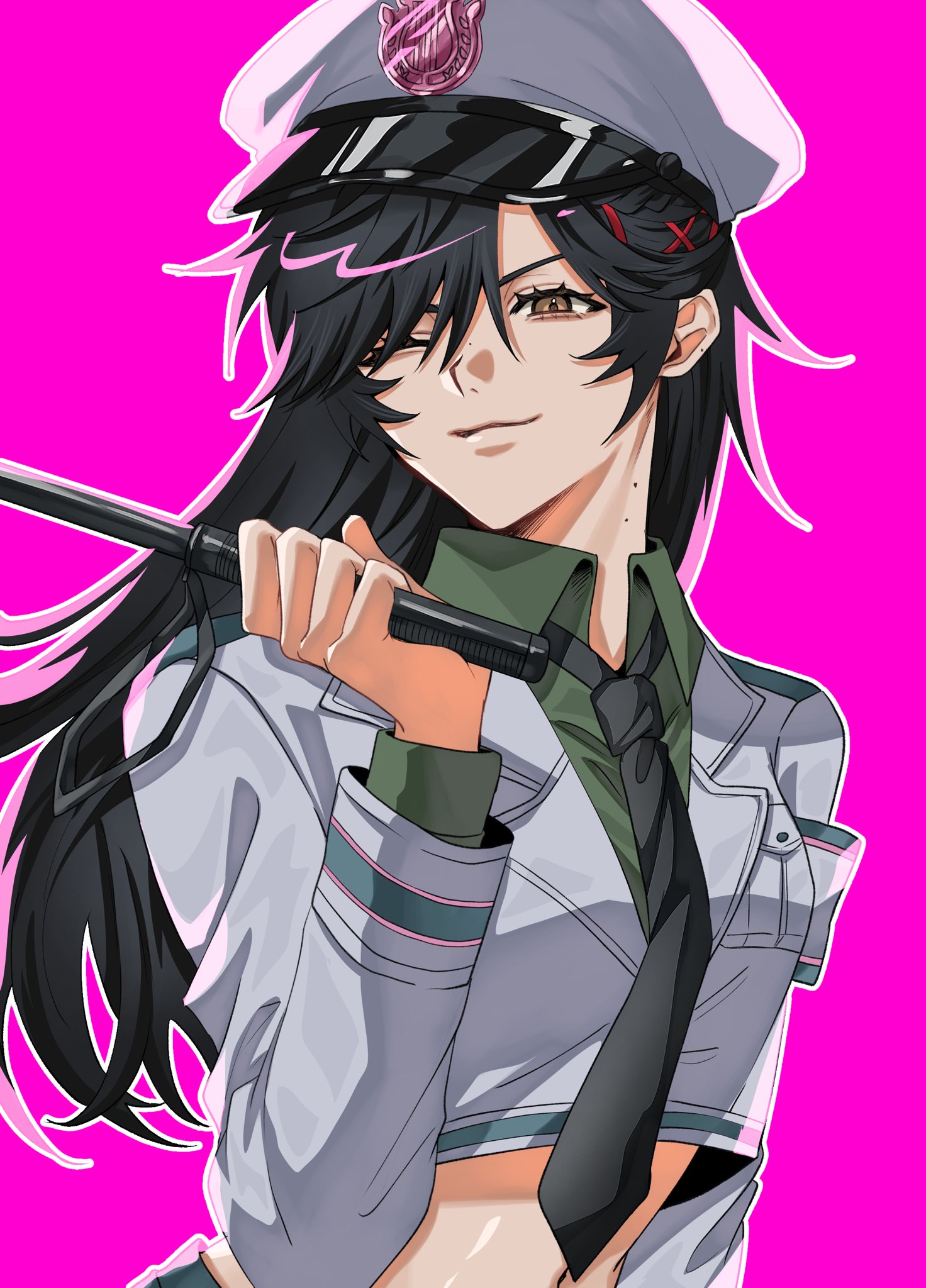 qi shiyi, qi shiyi (oph.qi), identity v, commentary, english commentary, highres, 1girl, armband, black hair, black necktie, blazer, breast pocket, brown eyes, cheese hr, collared shirt, crop top, green shirt, hair between eyes, hair ornament, hairclip, hand up, hat, holding baton, jacket, lapels, light smile, long hair, long sleeves, multiple moles, navel, necktie, one eye closed, pants, parted bangs, peaked cap, pink background, pocket, police badge, police hat, shirt, side part, sidelocks, smile, solo, white hat, white jacket