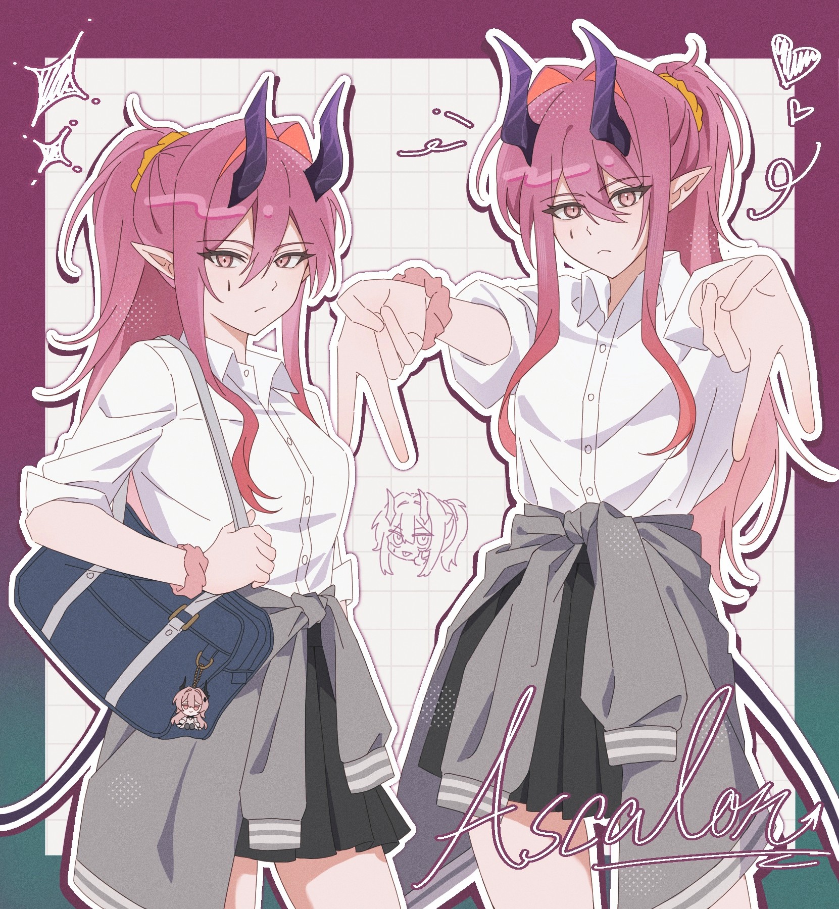 amo20839453, ascalon (arknights), theresa (arknights), arknights, chinese commentary, commentary request, highres, 1girl, :<, bag, black skirt, border, buttons, cardigan, cardigan around waist, character name, charm (object), closed mouth, clothes around waist, collared shirt, cowboy shot, double gyaru v, dress shirt, gradient border, green border, gyaru v, hair between eyes, hair intakes, heart, horns, long hair, looking at viewer, multiple views, outline, outside border, pink border, pink eyes, pink hair, pleated skirt, purple horns, school bag, school uniform, scrunchie, shirt, skirt, sleeves rolled up, sparkle, standing, teardrop facial mark, v, white outline, white shirt, wrist scrunchie