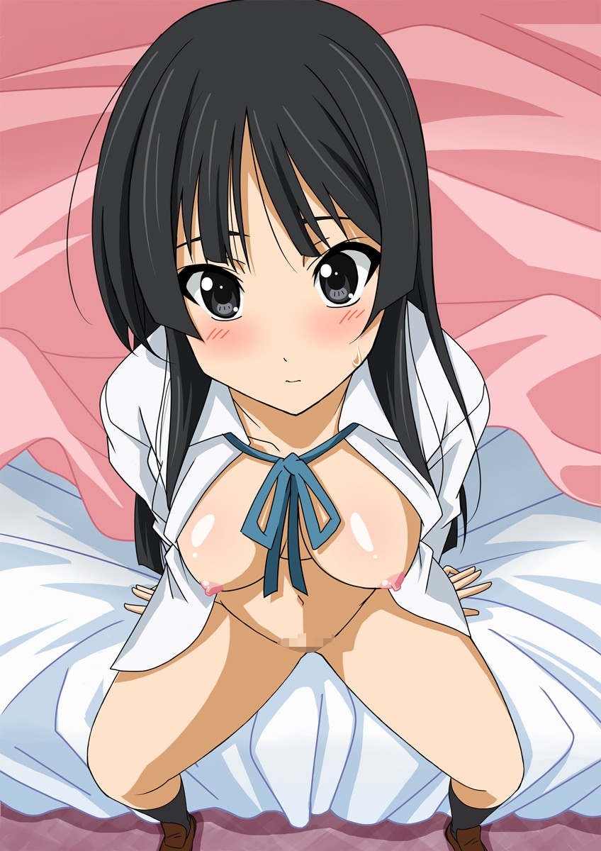 moeshino, akiyama mio, k-on!, highres, 00s, 1girl, bed, black eyes, black hair, blunt bangs, blush, bottomless, breasts, censored, female focus, from above, hime cut, large breasts, long hair, looking at viewer, looking up, nipples, open clothes, open shirt, pussy, ribbon, school uniform, shirt, sitting, solo, sweat