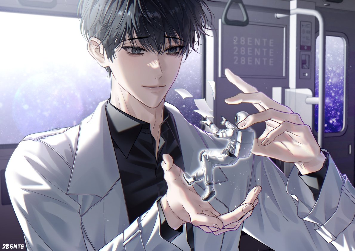 kim dokja, yoo joonghyuk, omniscient reader's viewpoint, commentary request, korean commentary, 28ente, 2boys, astronaut, bags under eyes, black eyes, black hair, black shirt, coat, collared shirt, falling paper, floating, glowing, hands up, mini person, miniboy, multiple boys, open clothes, open coat, popped collar, shirt, short hair, sidelighting, smile, space, train interior, upper body, white coat