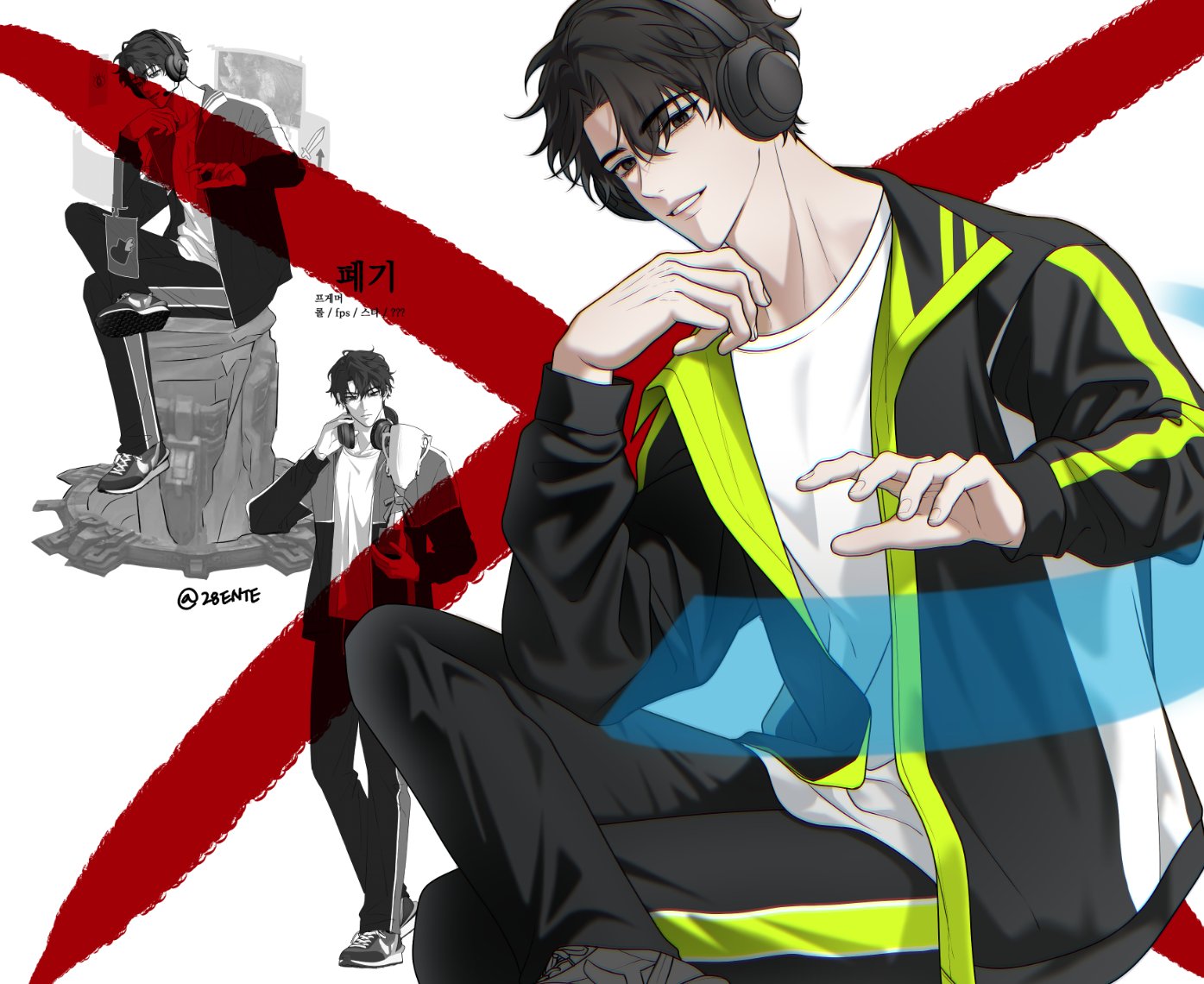 yoo joonghyuk, omniscient reader's viewpoint, commentary request, korean commentary, 1boy, 28ente, :d, alternate costume, black eyes, black hair, black jacket, curtained hair, feet out of frame, figure four sitting, hair between eyes, hand on own chin, head tilt, headphones, jacket, looking at viewer, male focus, multiple views, open mouth, shirt, short hair, sitting, smile, solo, white shirt, zoom layer