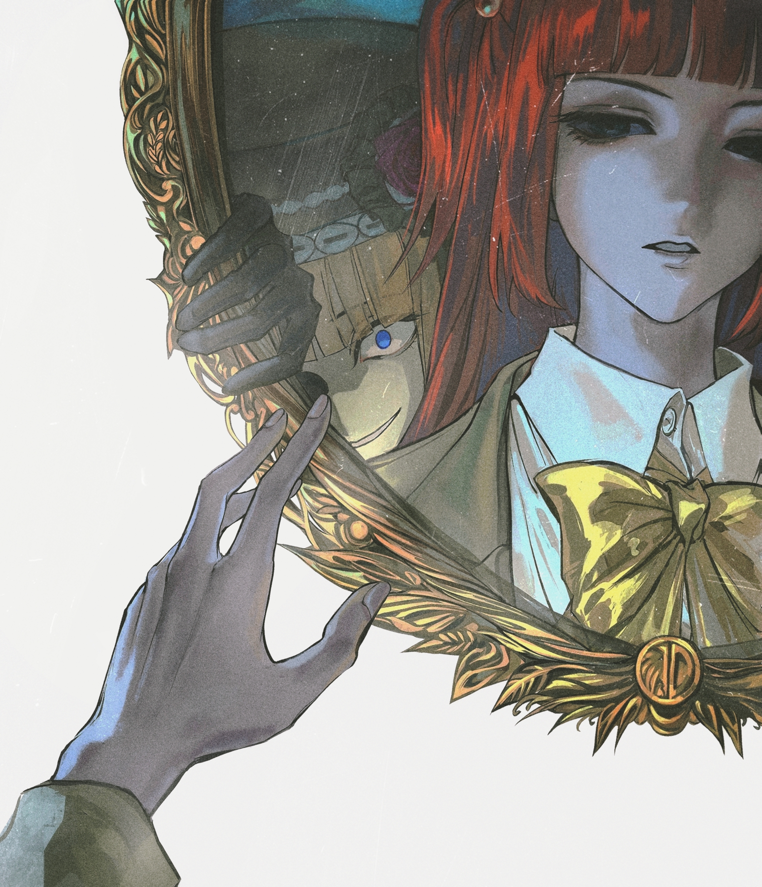 nnightcruising, eva beatrice, ushiromiya ange, umineko no naku koro ni, absurdres, highres, 2girls, beads, blue eyes, blunt bangs, bow, bowtie, brown jacket, empty eyes, evil grin, evil smile, expressionless, grin, hair beads, hair ornament, head tilt, jacket, looking at mirror, looking at viewer, mirror, multiple girls, no pupils, orange hair, parted lips, reaching, red hair, shaded face, shirt, smile, twintails, white shirt, wide-eyed, yellow bow, yellow bowtie