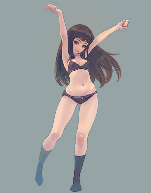 weno, original, 1girl, arms up, bra, brown hair, female focus, lingerie, long hair, outstretched arms, panties, simple background, socks, solo, standing, underwear, underwear only, wide hips