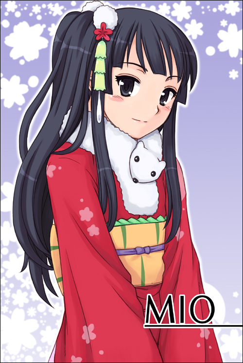 orebalgum, akiyama mio, k-on!, 00s, 1girl, black eyes, black hair, blush, female focus, japanese clothes, long hair, scarf, smile, solo