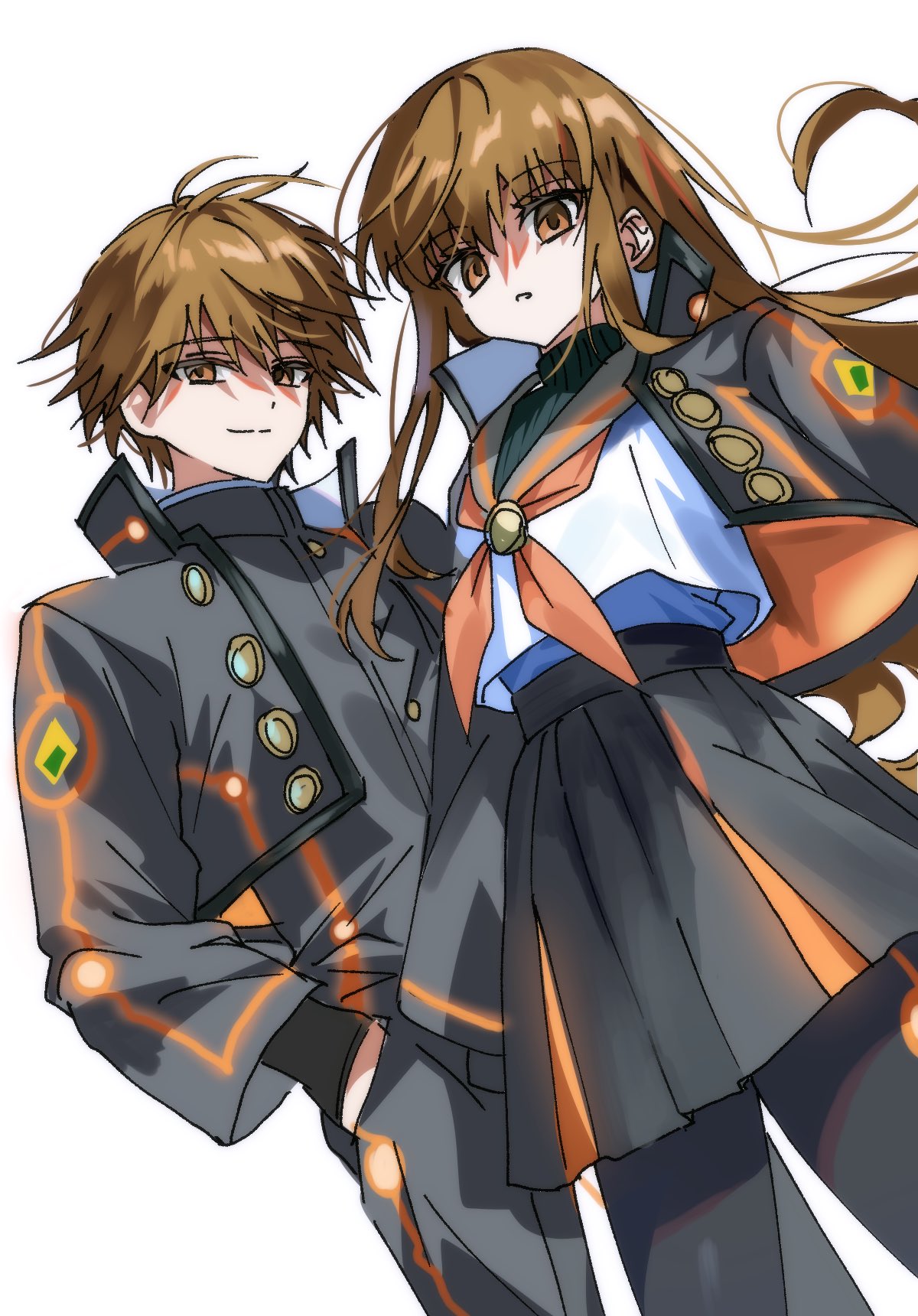 kishinami hakuno (female), kishinami hakuno (female) (mooncancer), kishinami hakuno (male), kishinami hakuno (male) (mooncancer), fate/grand order, fate (series), commentary request, highres, 1boy, 1girl, black jacket, black pants, black pantyhose, black shirt, black skirt, black sweater, brown eyes, brown hair, buttons, closed mouth, cowboy shot, dual persona, empty eyes, hair between eyes, hands in pockets, jacket, long hair, long sleeves, looking at viewer, neckerchief, official alternate costume, open clothes, open jacket, orange jacket, orange neckerchief, pants, pantyhose, pleated skirt, sailor collar, shirt, short hair, sidelocks, skirt, standing, sweater, syst098, teeth, turtleneck, turtleneck sweater, two-sided fabric, two-sided jacket, vest, white vest, wide sleeves