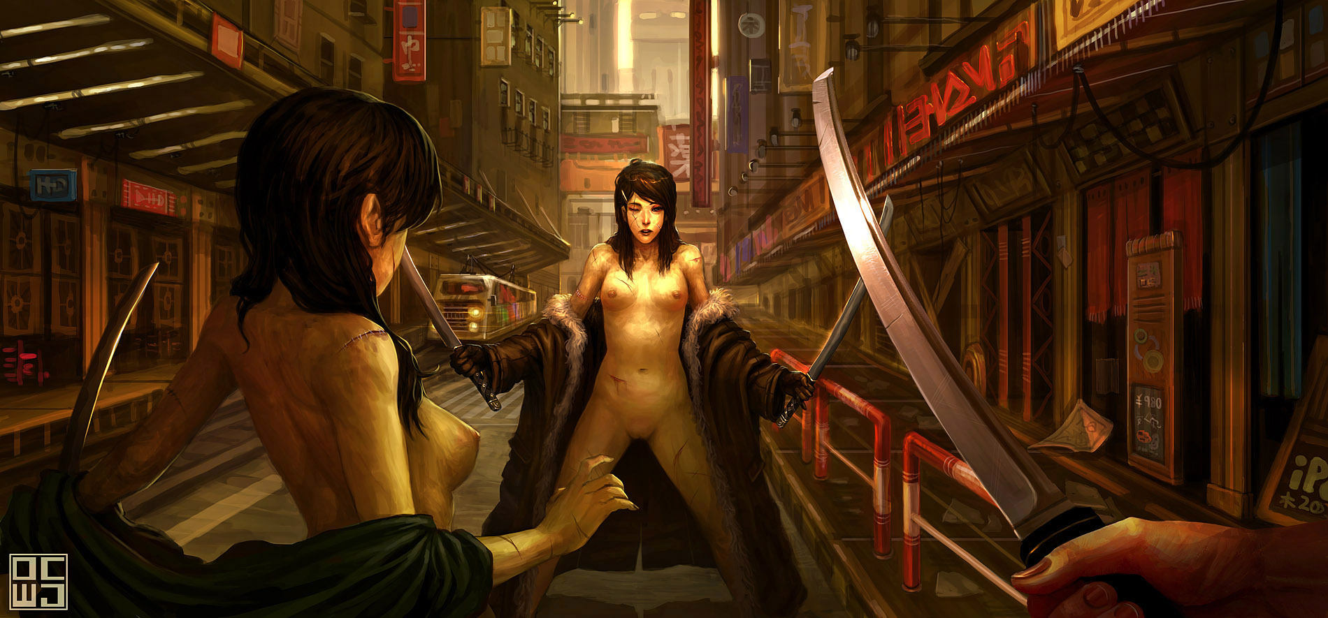 dcwj, original, bad id, bad pixiv id, highres, long image, wide image, 3girls, blood, breasts, breasts apart, brown hair, coat, cuts, dual wielding, fur-trimmed jacket, fur trim, holding, injury, jacket, katana, medium breasts, multiple girls, nail polish, naked coat, nipples, off-shoulder coat, off shoulder, one eye closed, outdoors, perky breasts, pov, public indecency, public nudity, realistic, road, scar, spread legs, standing, stitches, street, swept bangs, sword, train, undressing, vanishing point, weapon, wink